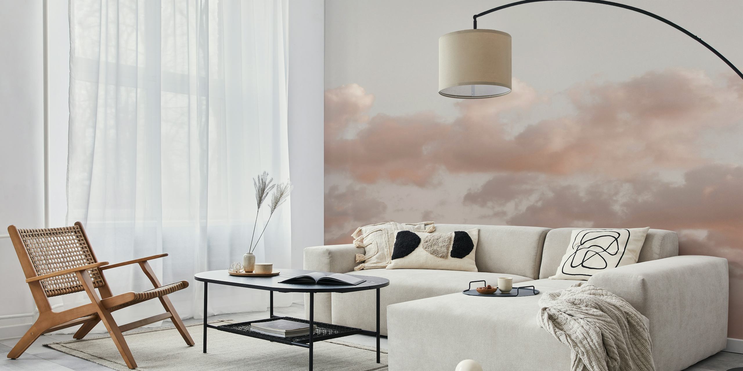 Zachte pastelkleurige wolkenmuurschildering met een sereen en vredig luchtontwerp