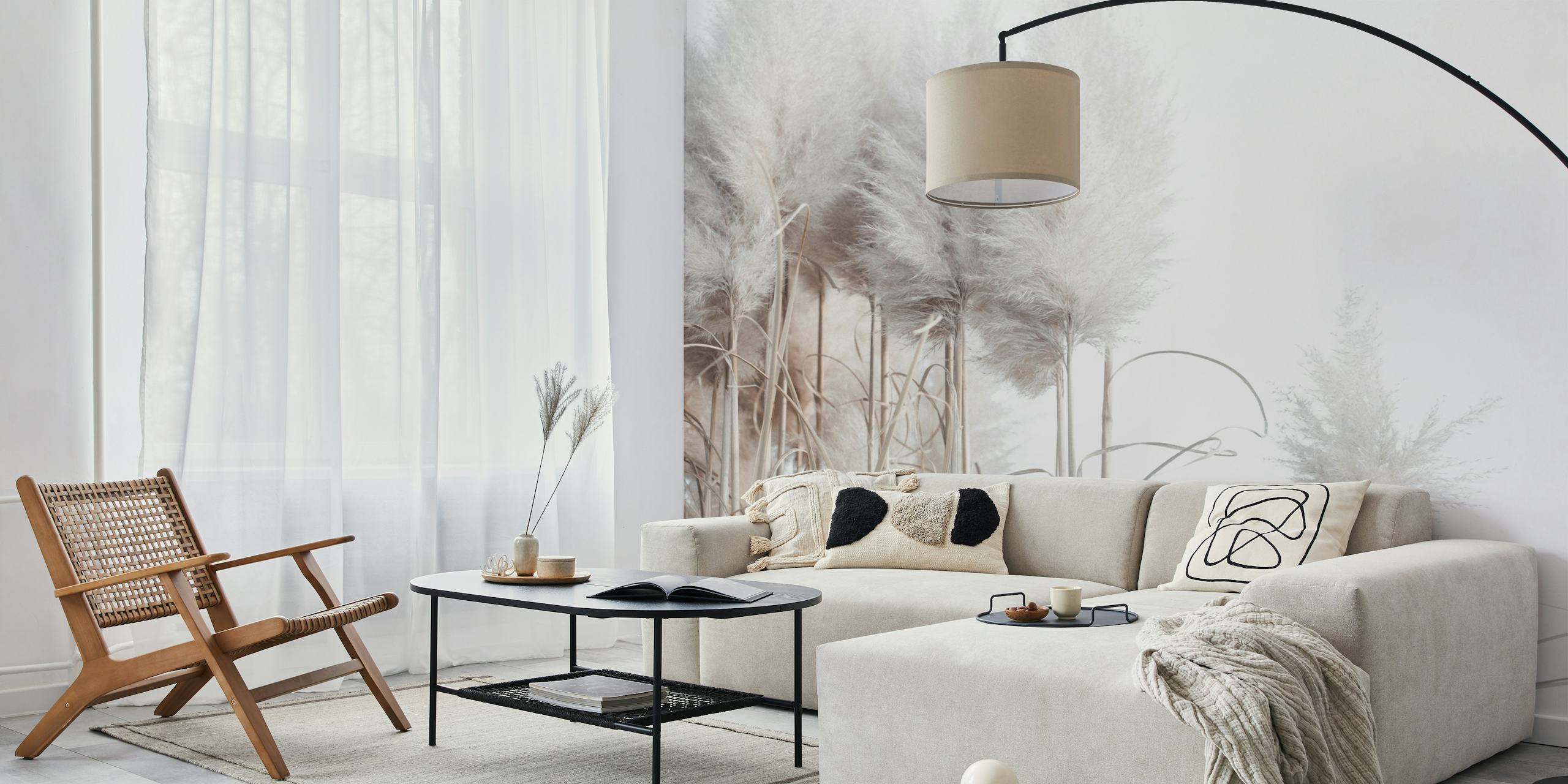 Pampas grass with soft beige tones against white background wallpaper