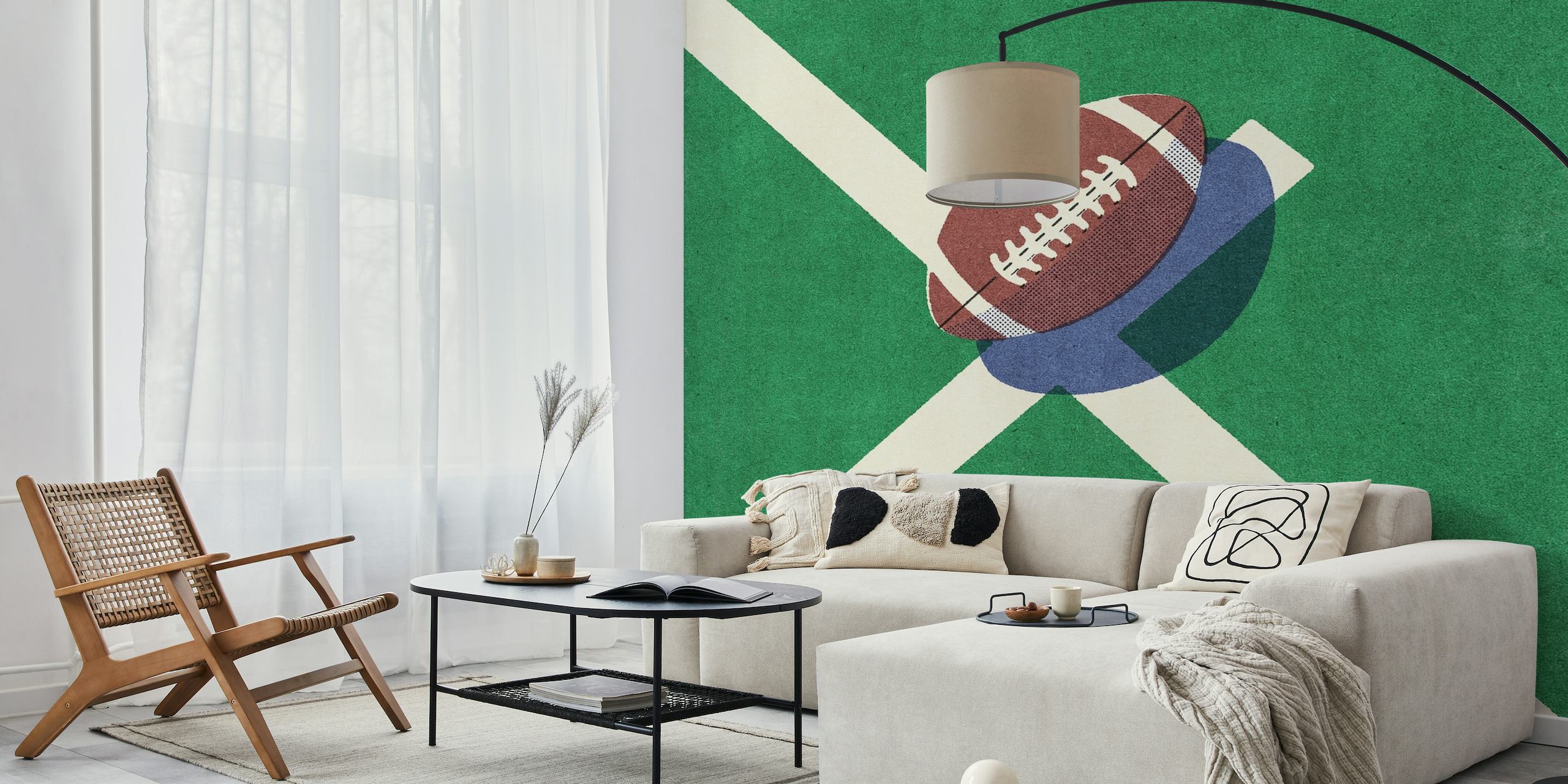 Vintage-tyylinen amerikkalaisen jalkapallon seinämaalaus, jossa on siannahkapallo vihreällä kentällä