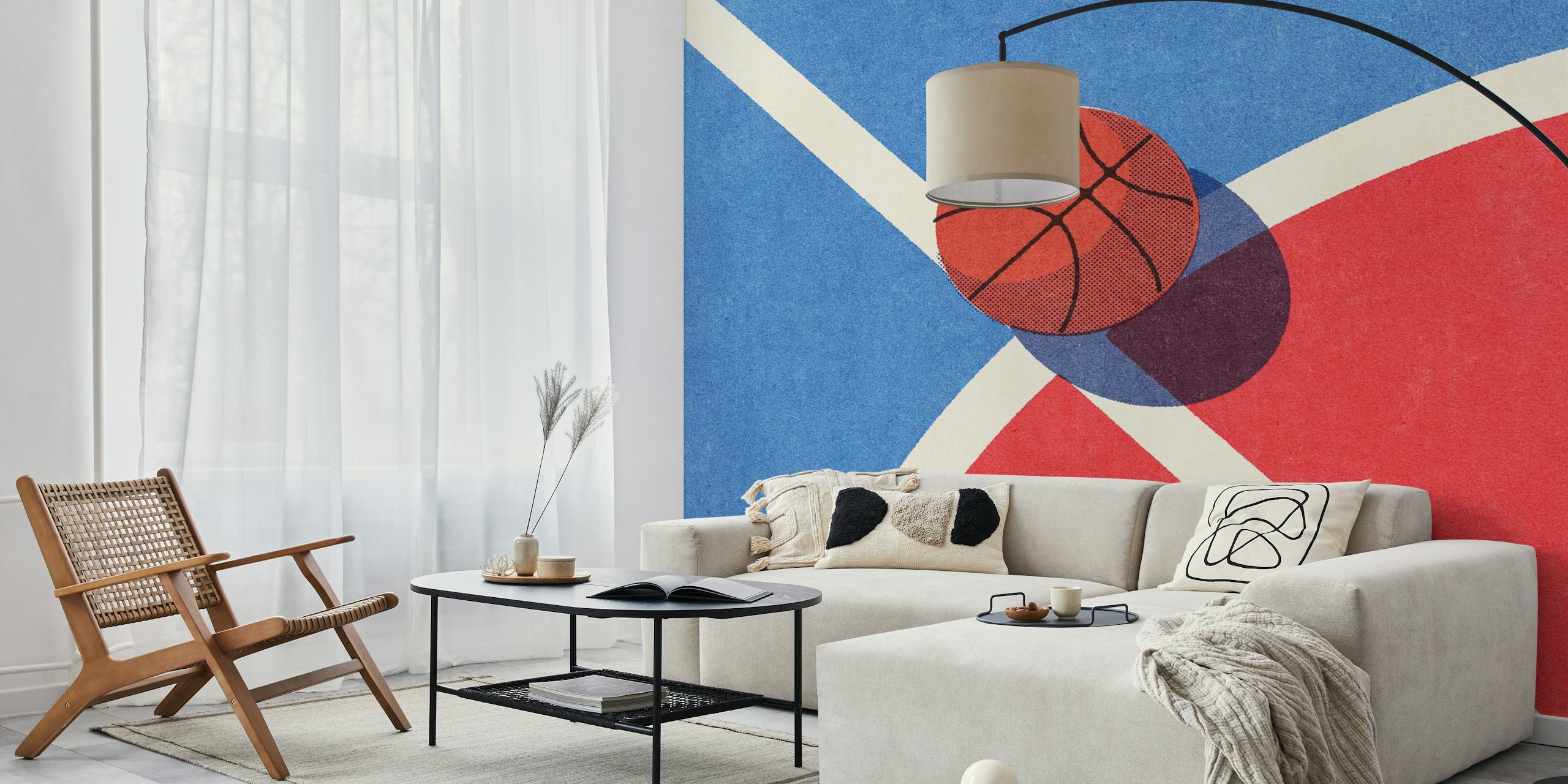 Basketball ball on blue and red geometric background wallpaper
