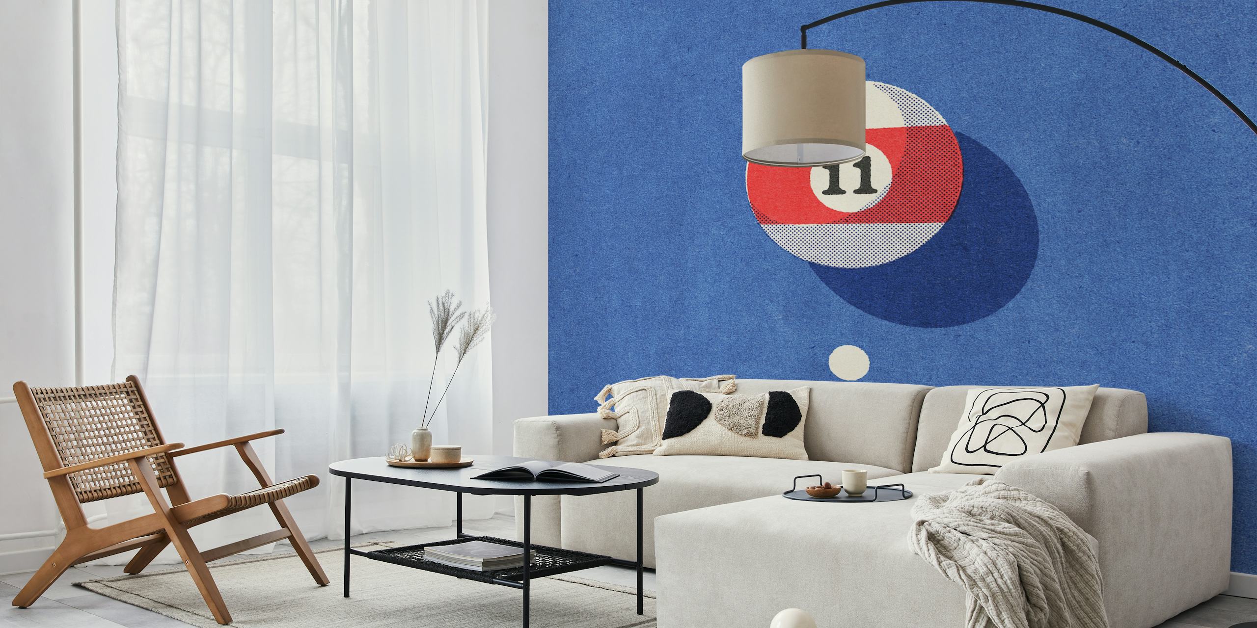Billiard balls wall mural with prominent red-striped number 11 ball on a blue background