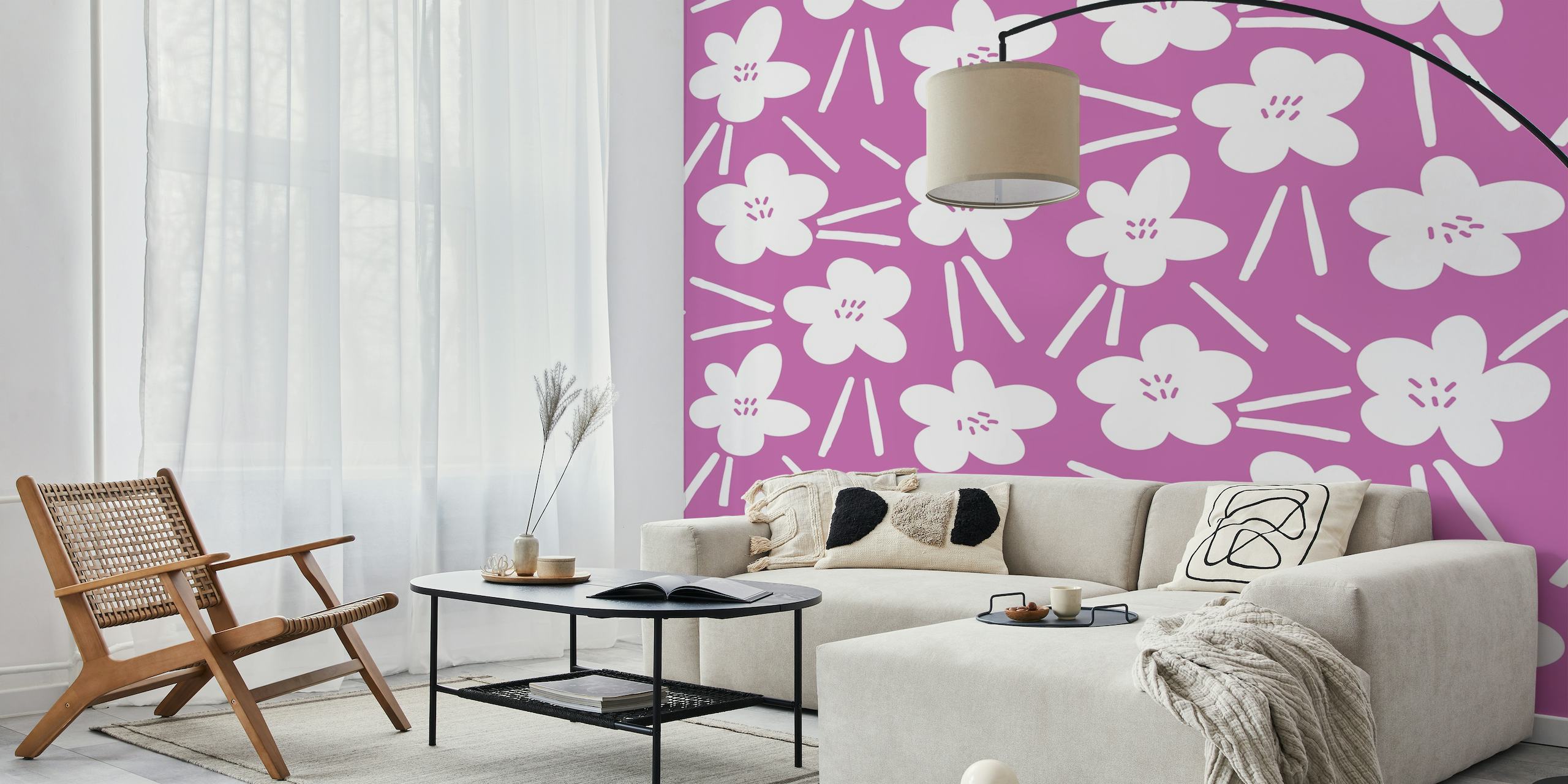 Abstrakt violett och vitt blommönster väggmålning