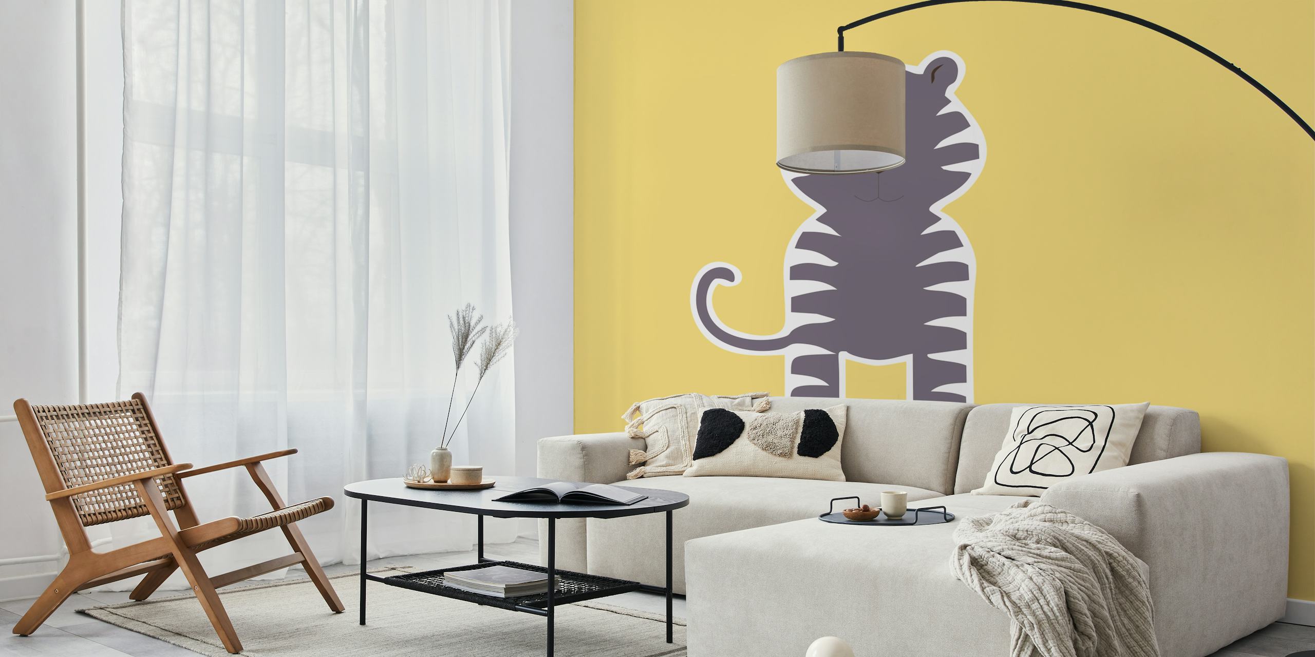 Mustard yellow and grey tiger illustration wall mural