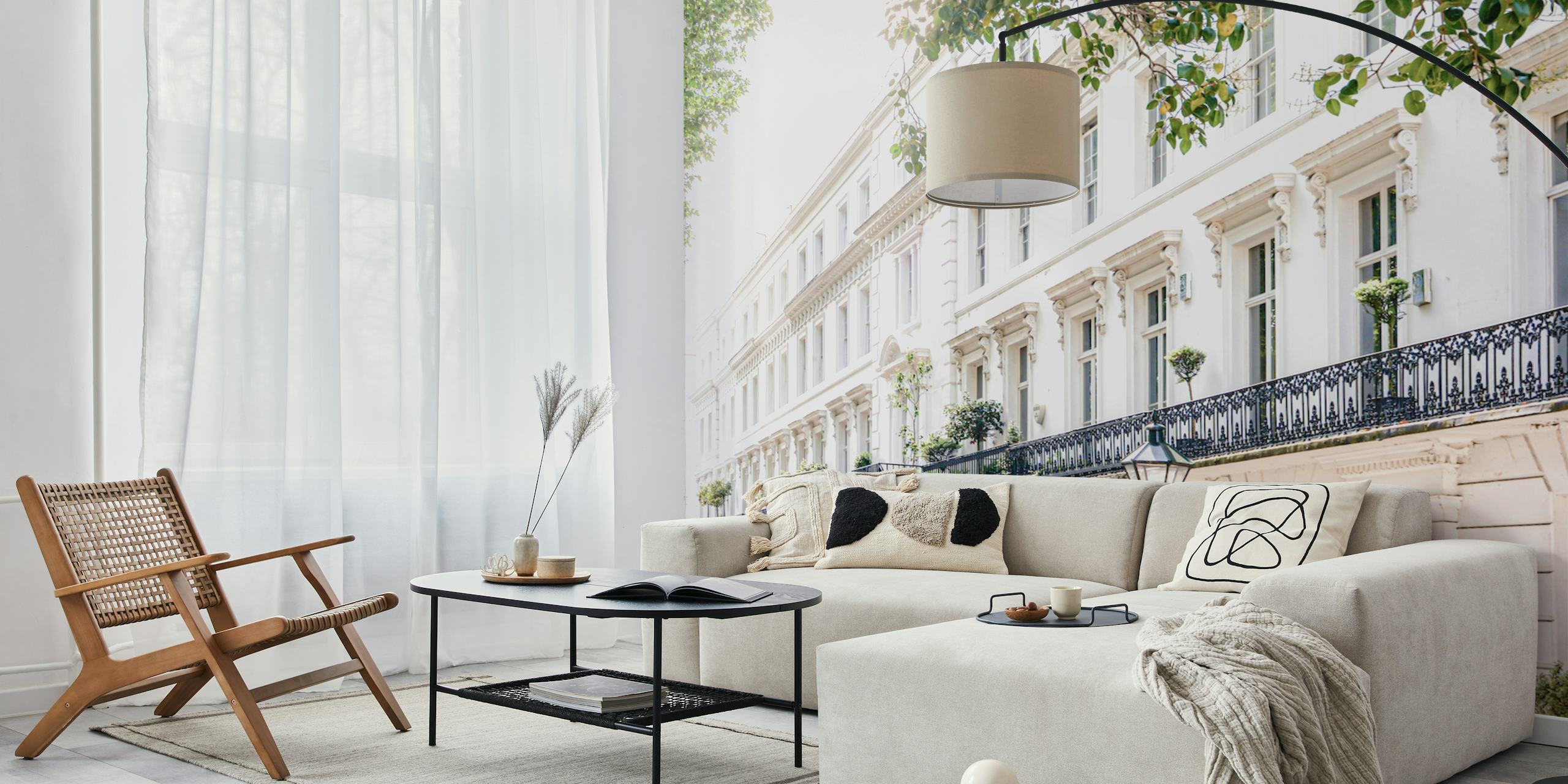 White London buildings wallpaper displayed in a room