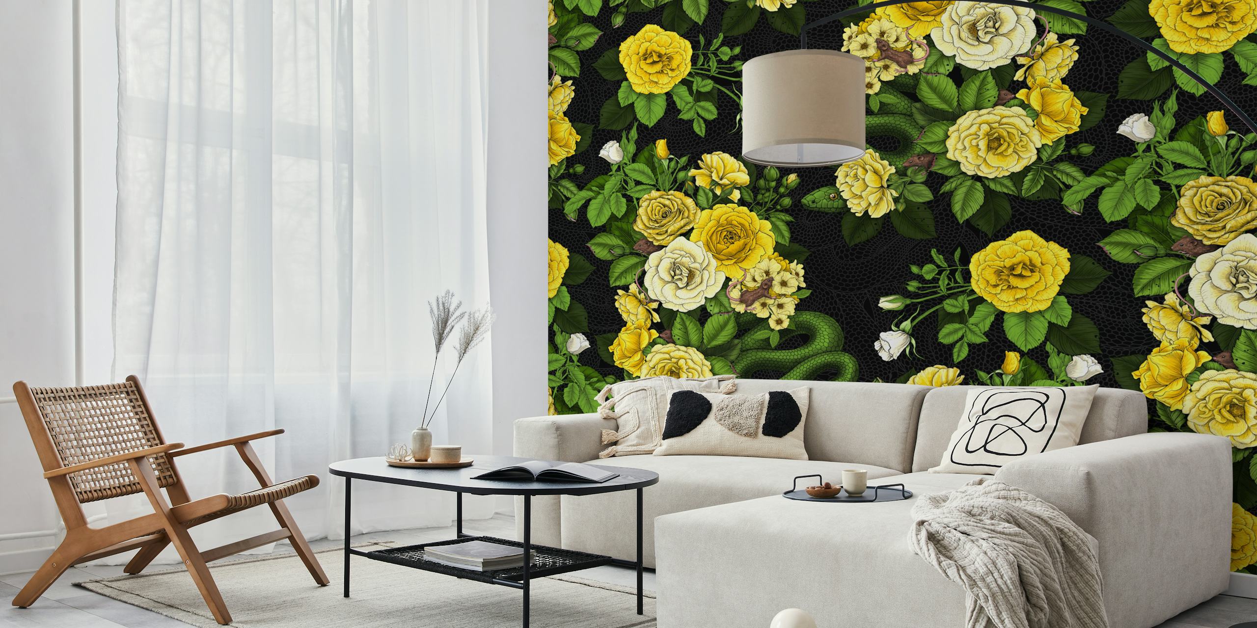 Floral wallpaper featuring yellow roses
