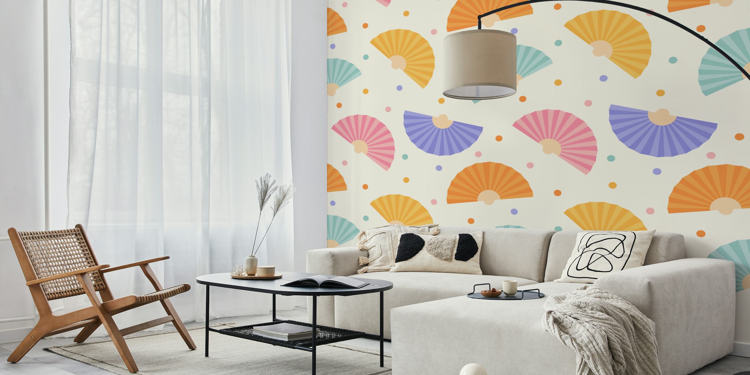 Hand Fans - Pastel wall mural with soft-hued decorative fans on a white background