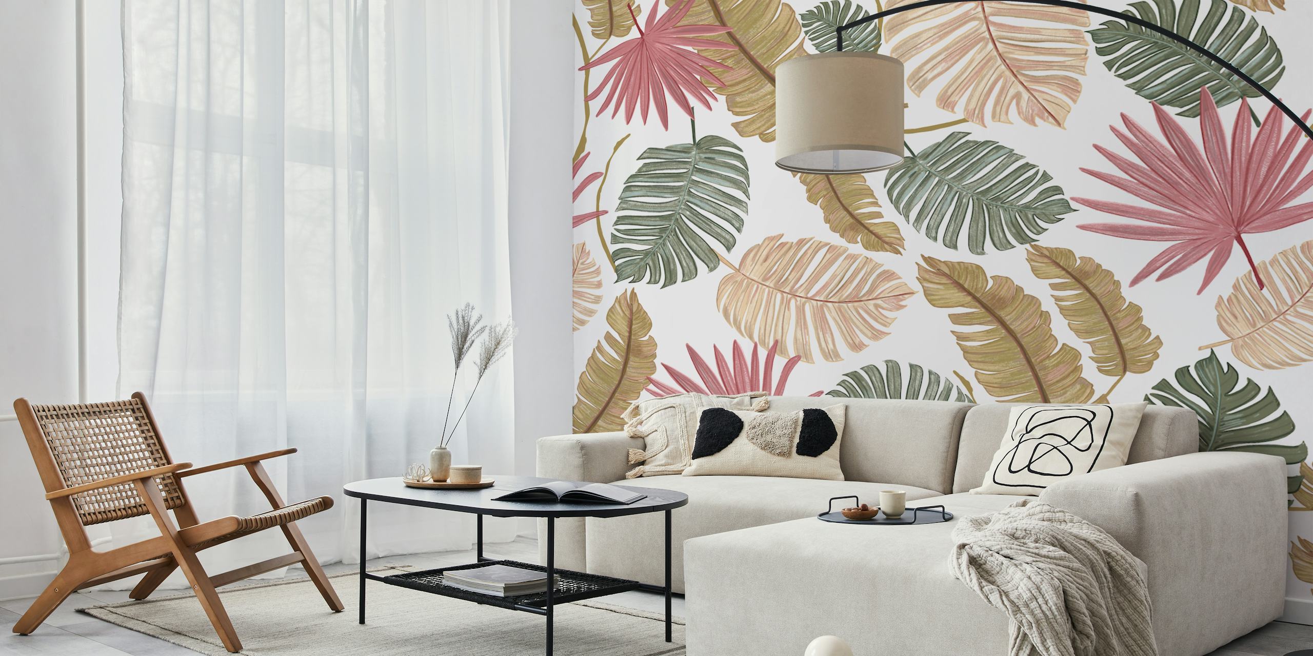 Nature inspired tropical leaves pattern on a white background wall mural