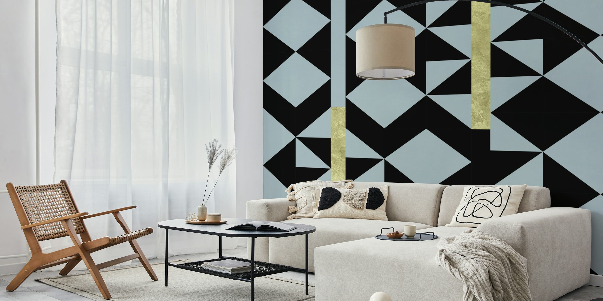 Geometric blue diamond pattern with gold accents on black wallpaper