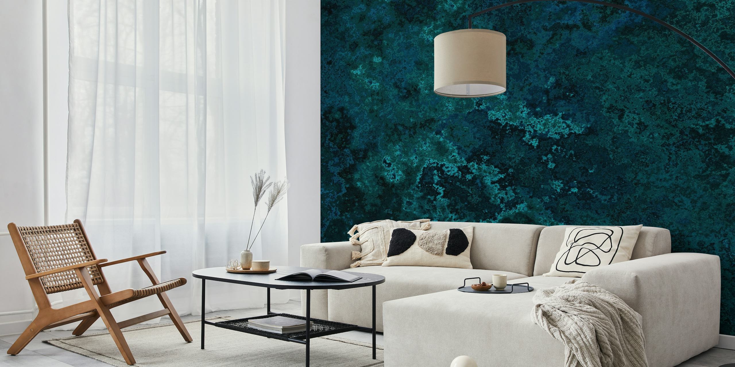 Dark teal wall mural with subtle moss texture for a sophisticated look