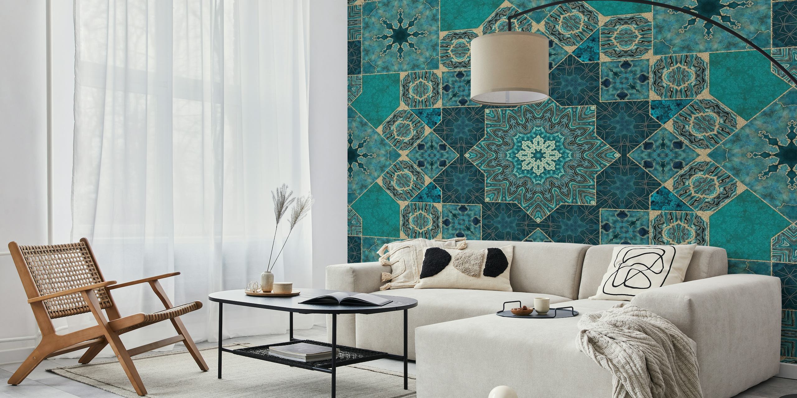 Artisanal Tiles Teal Gold wall mural with geometric pattern