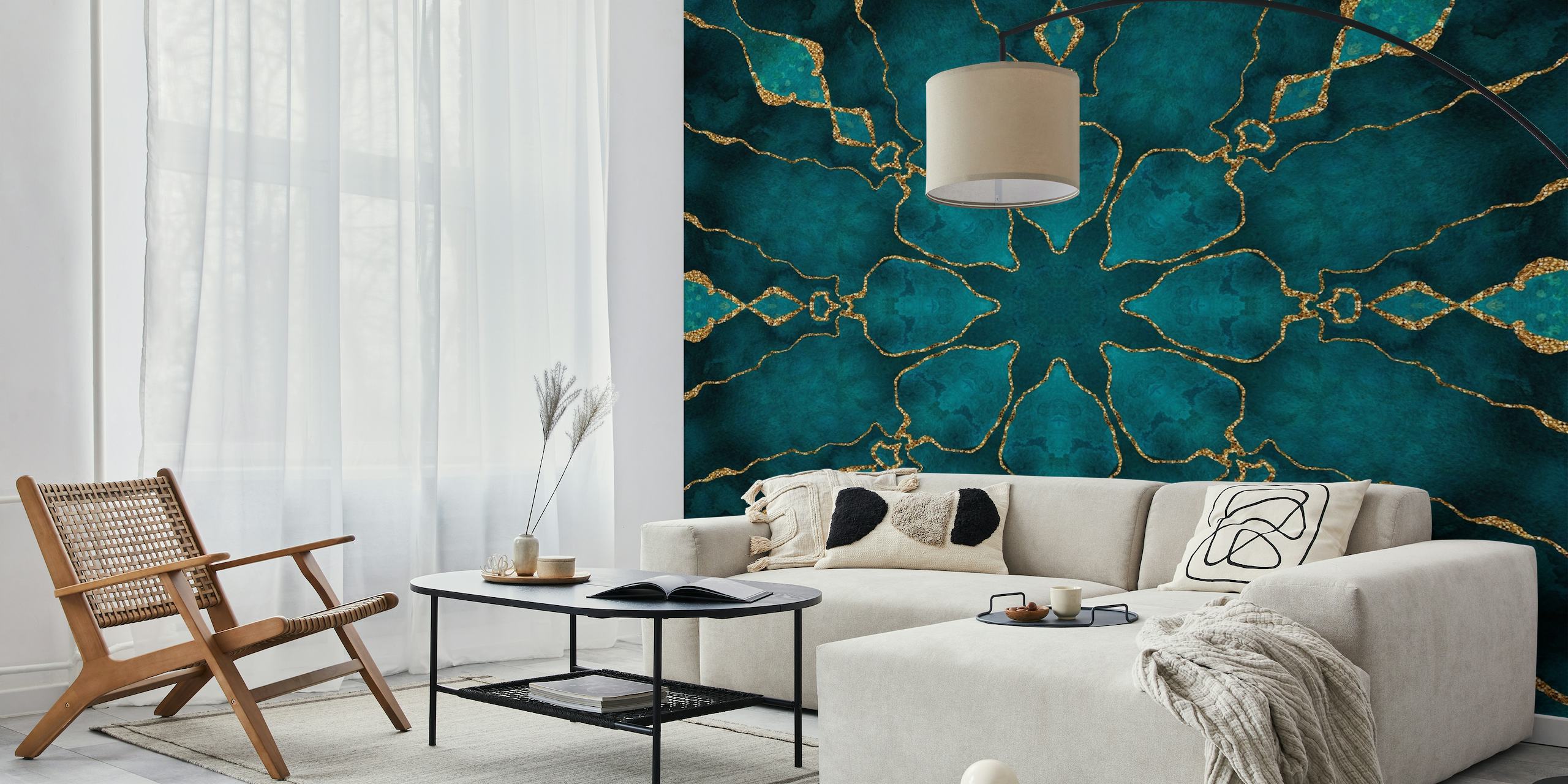 Mandala-vægmaleri i turkis og guld med indviklet mønsterdesign