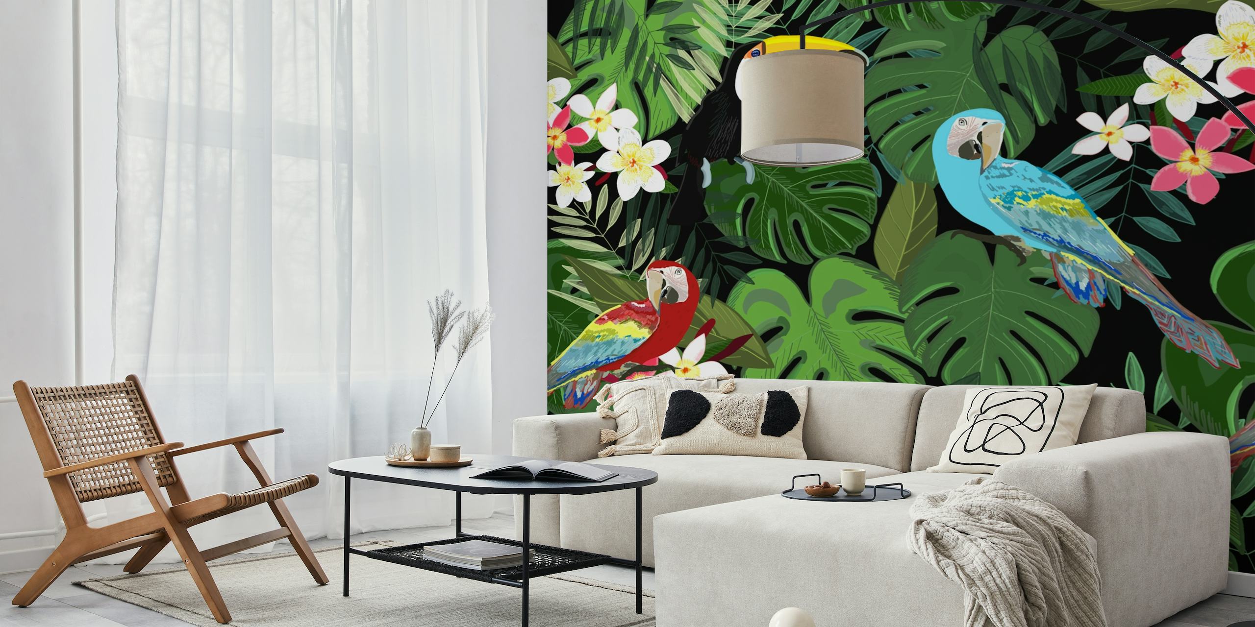 Colorful tropical birds among green foliage and flowers wall mural