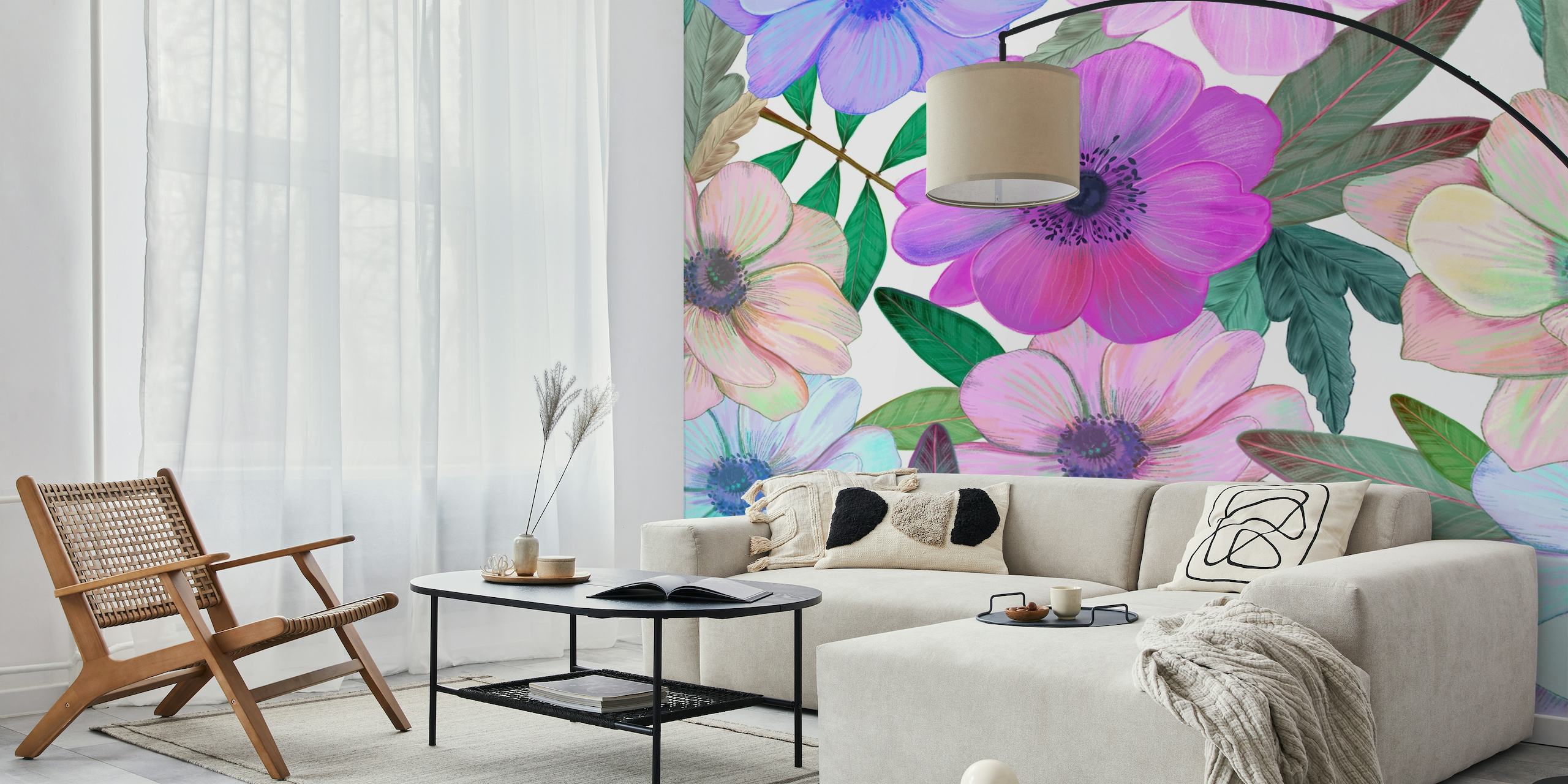 Hand drawn anemones wall mural with purple, pink, and blue flowers