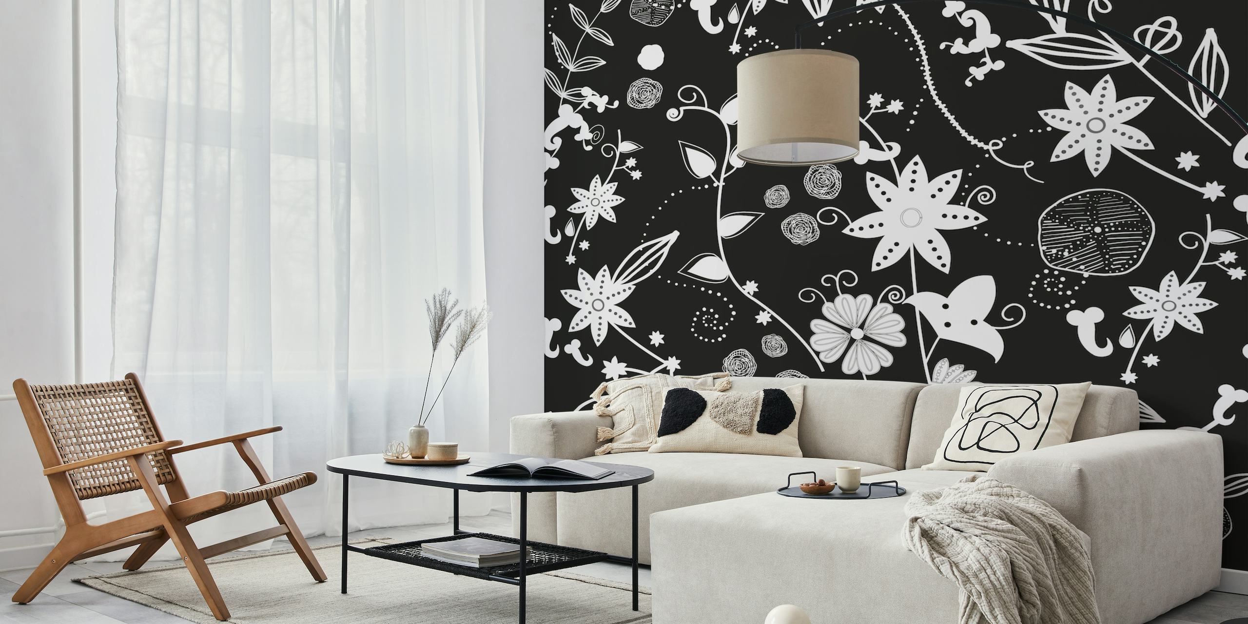 Zwart-witte bloemenmuurschildering in boho-stijl