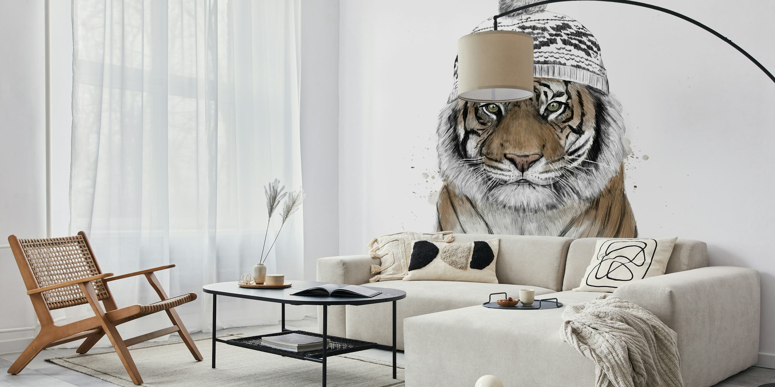 Mural de parede de tigre siberiano com uma ilustração detalhada do rosto de um tigre em um fundo branco