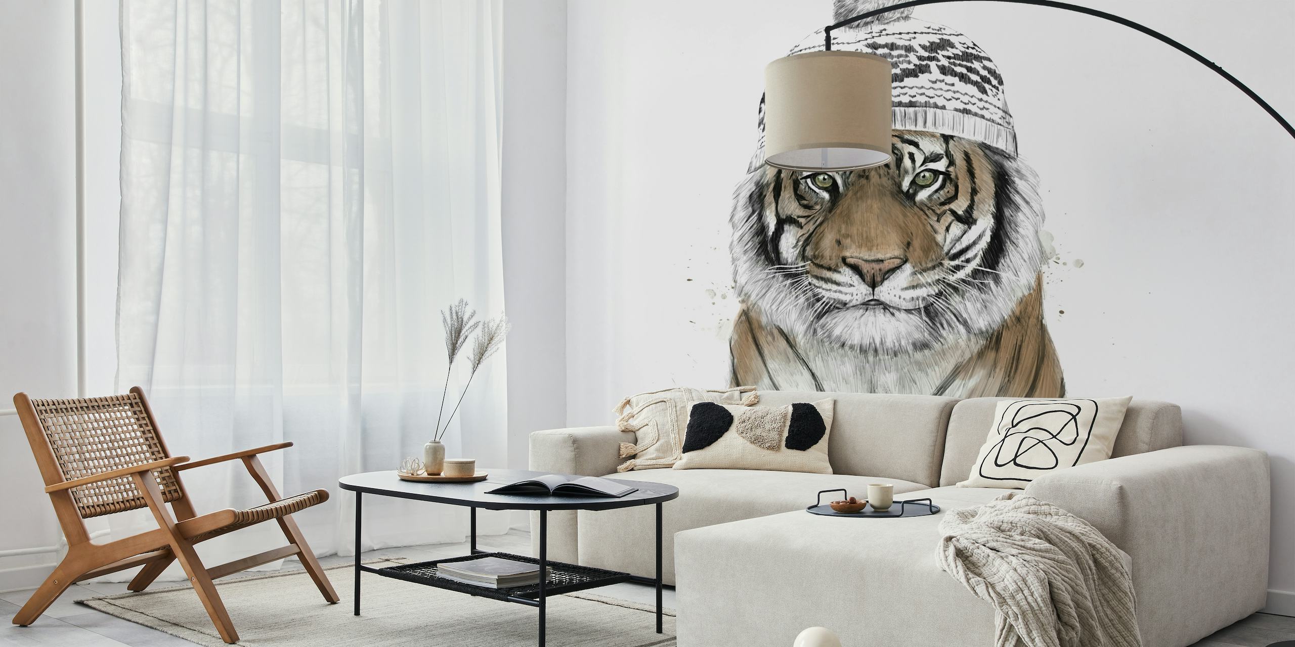 Siberian tiger wall mural featuring a detailed illustration of a tiger's face on a white background