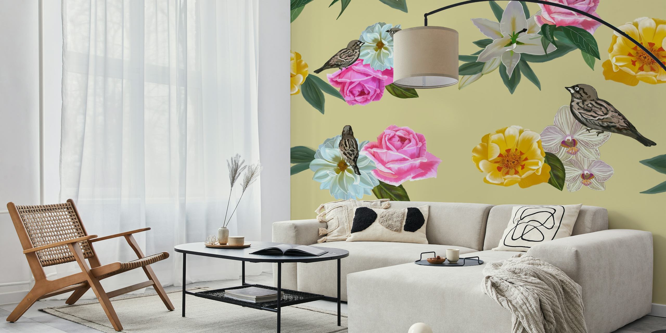 Floral wall mural with roses and birds on a yellow background