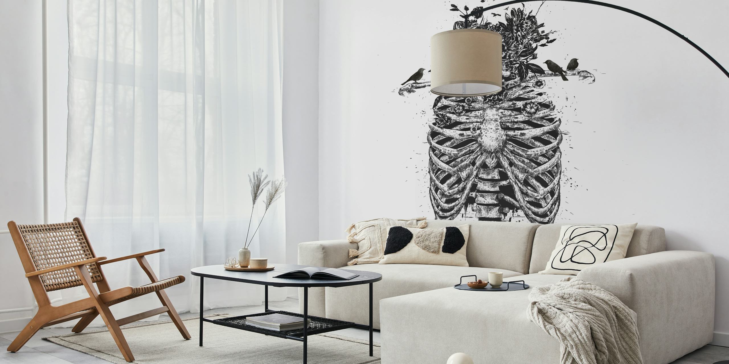 Black and white floral skeleton wallpaper with birds and flowers