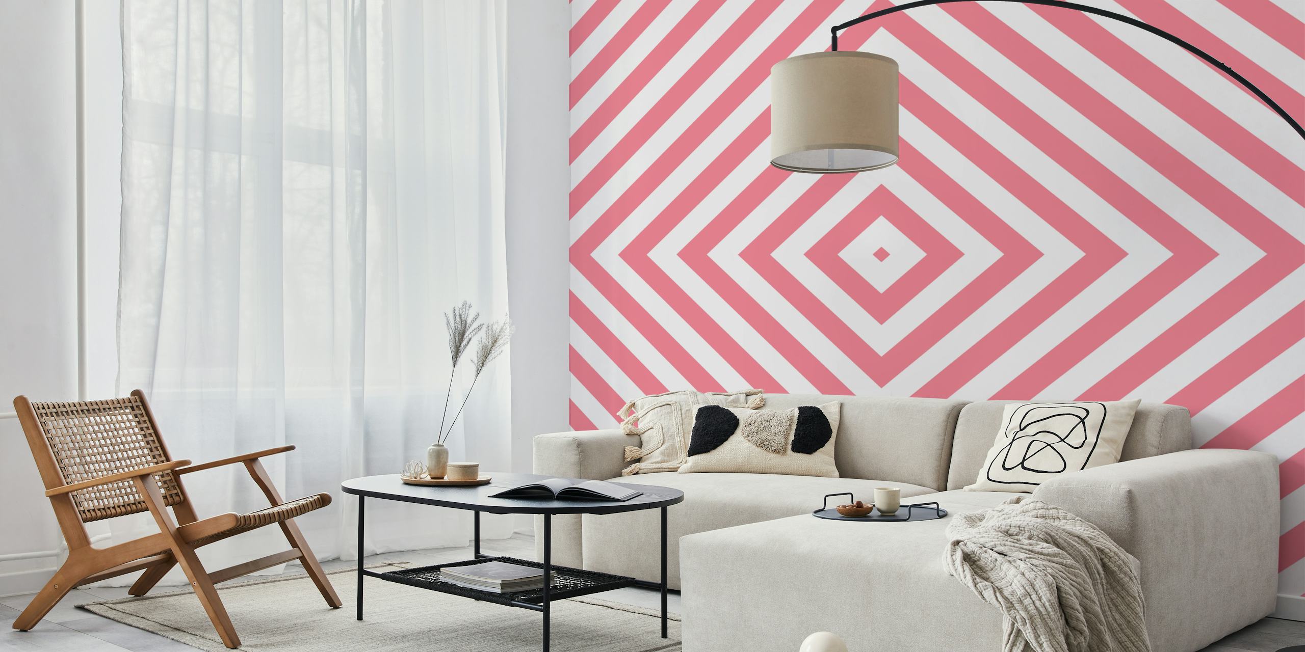 Geometric pink and white striped wallpaper