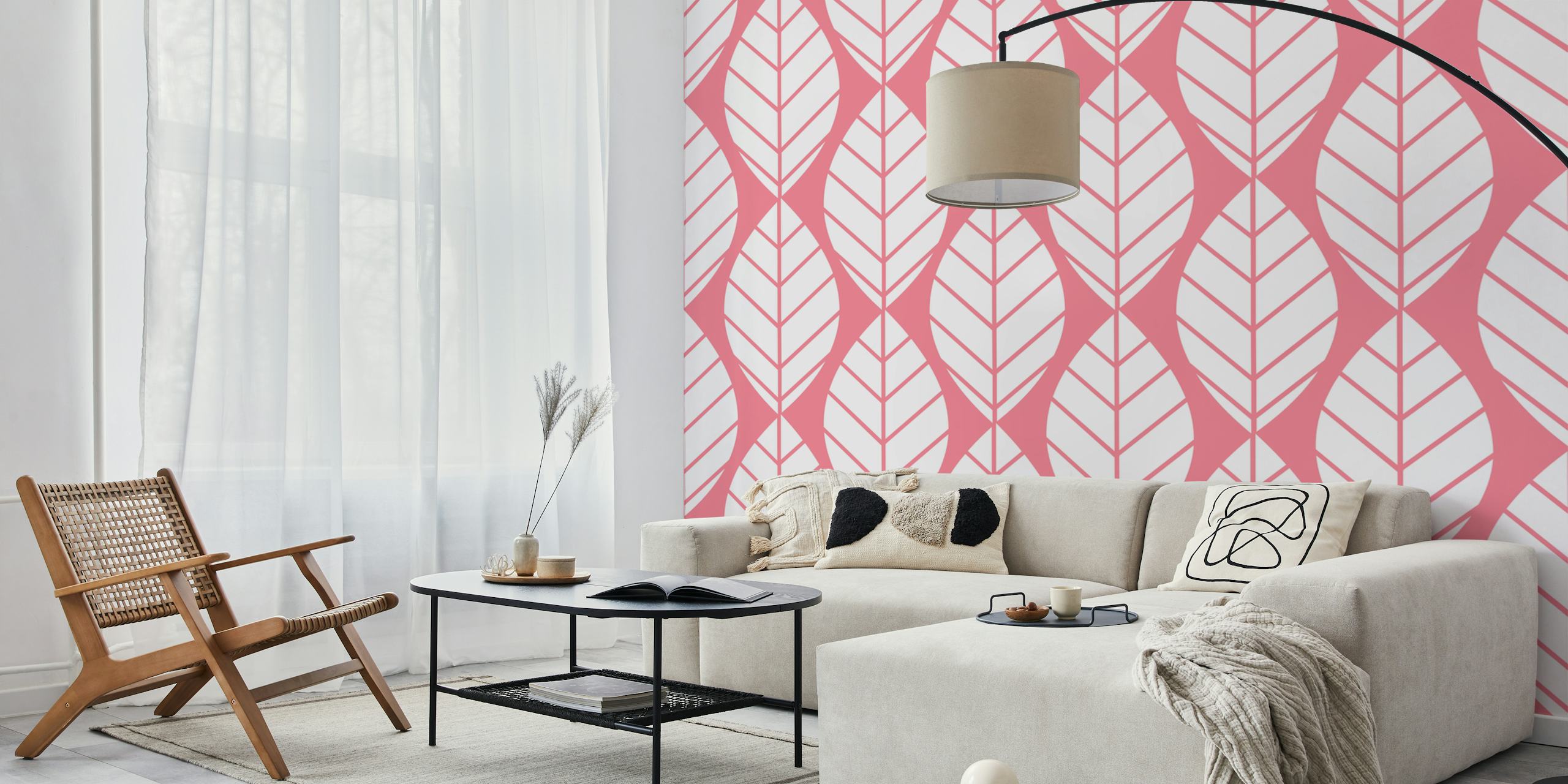 papel de parede Salmon Pink Leaf pattern em um quarto