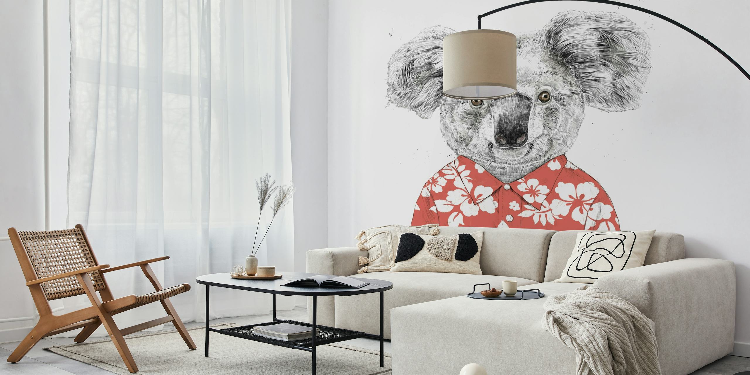Koala in rode hibiscus bloemoverhemd muurschildering