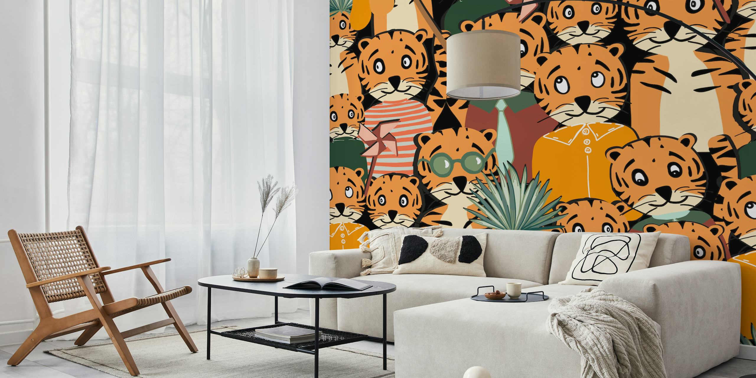 Cute tiger characters in orange and green colors wallpaper