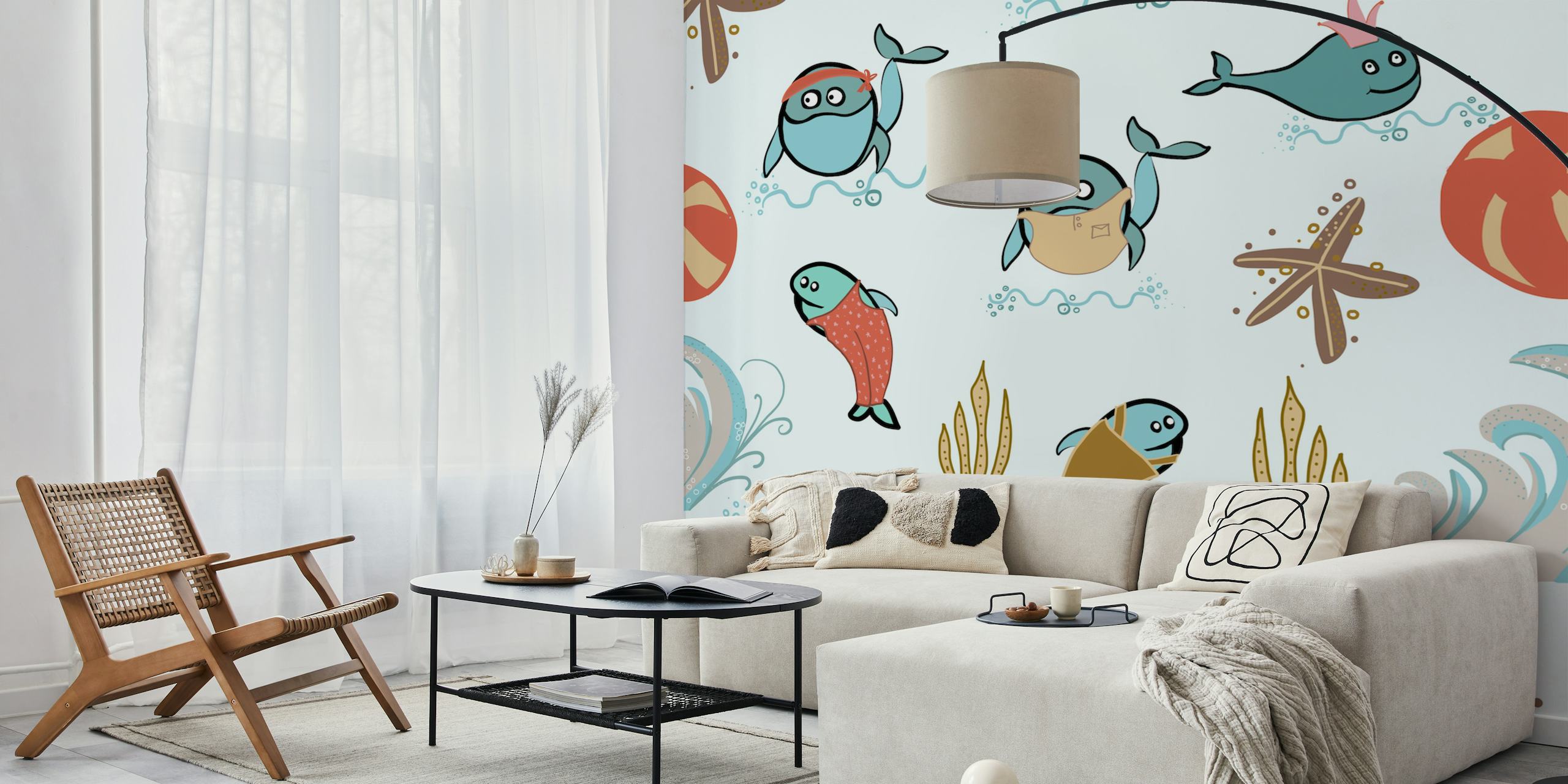Whale characters and sea elements in pastel colors wallpaper