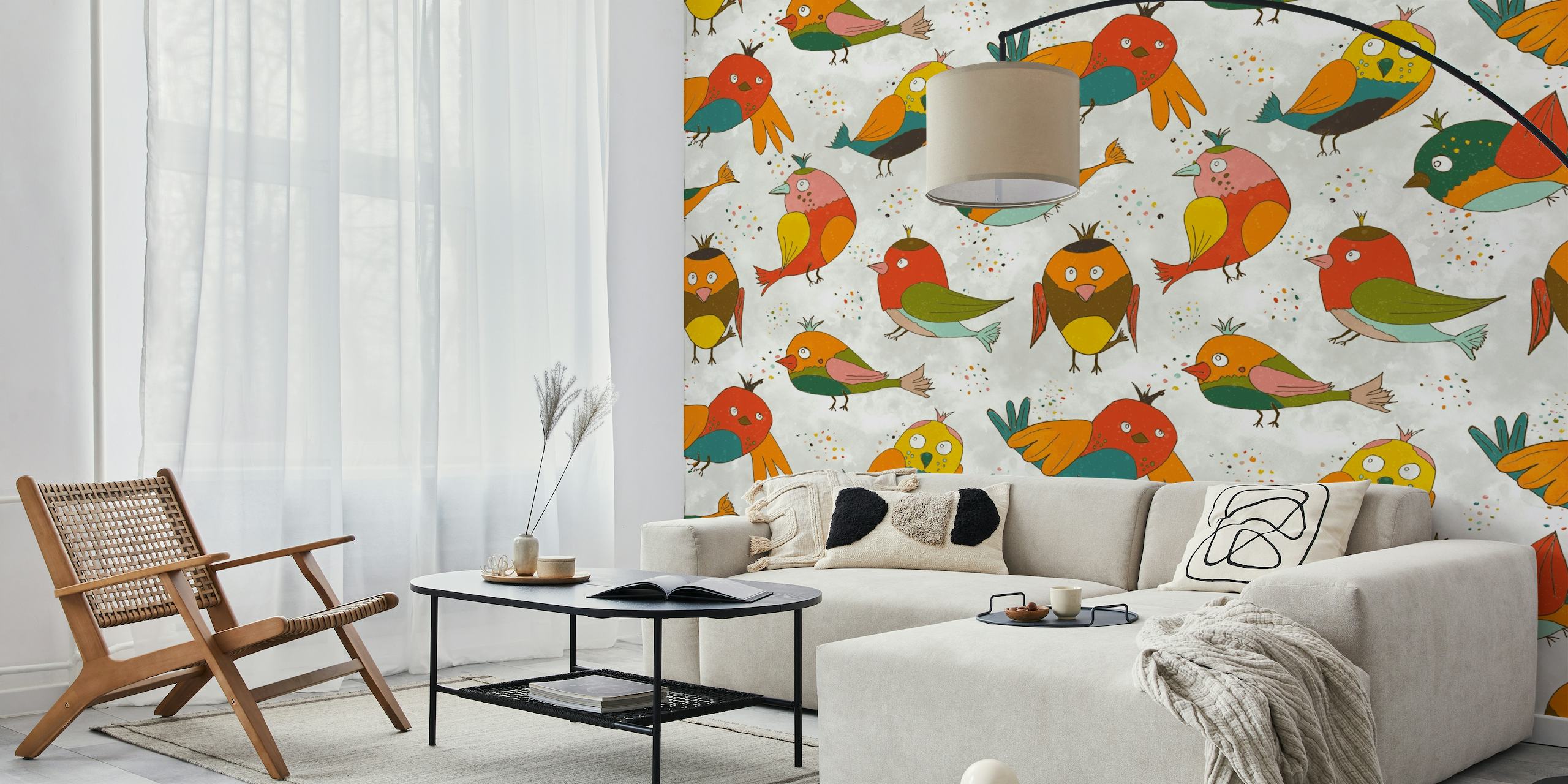 Farverig illustration af forårsfink og kanariefugle vægmaleri med blomsterelementer
