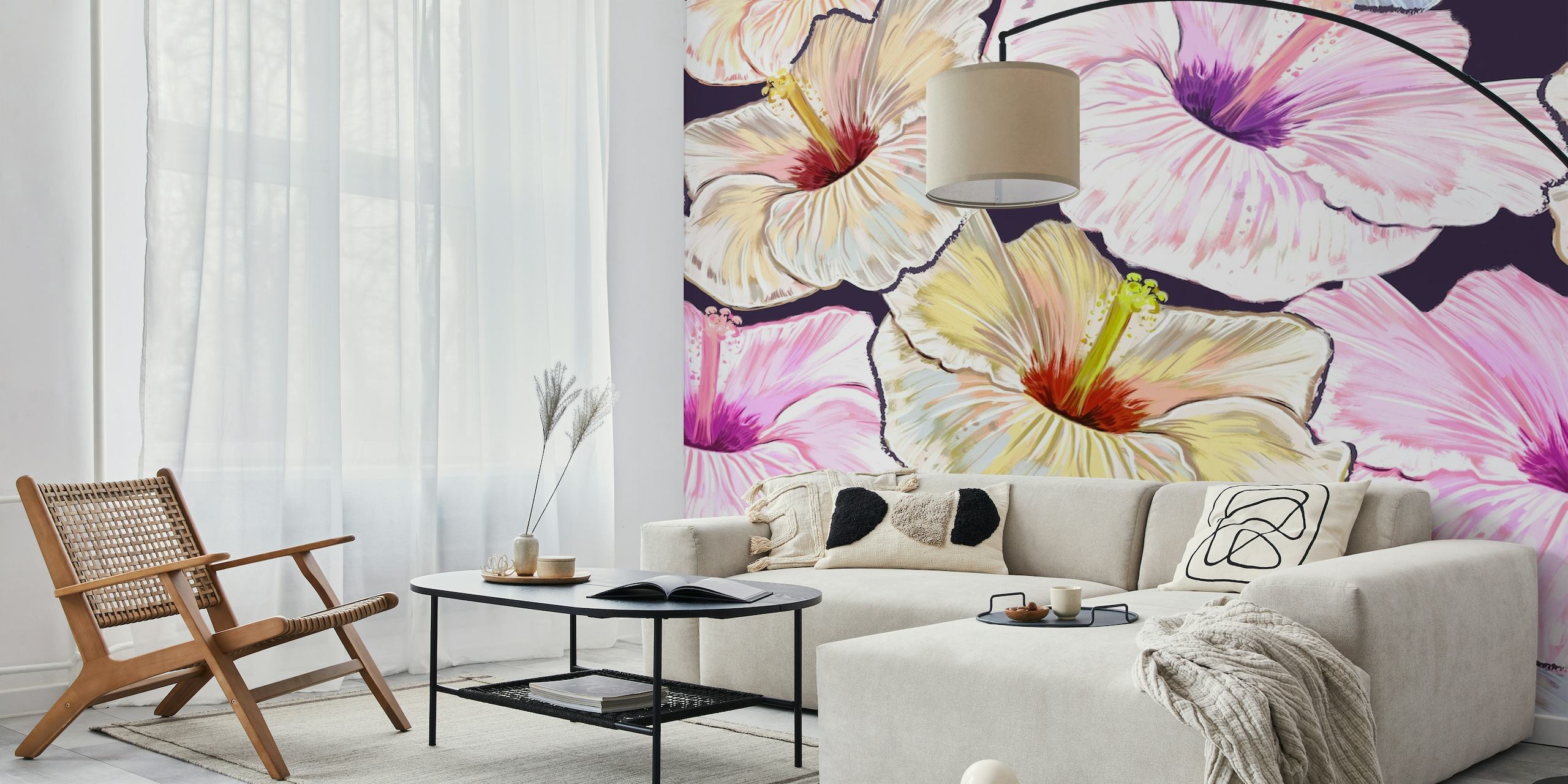 Pastel Hibiscus wall mural with pink and white flowers on a dark background