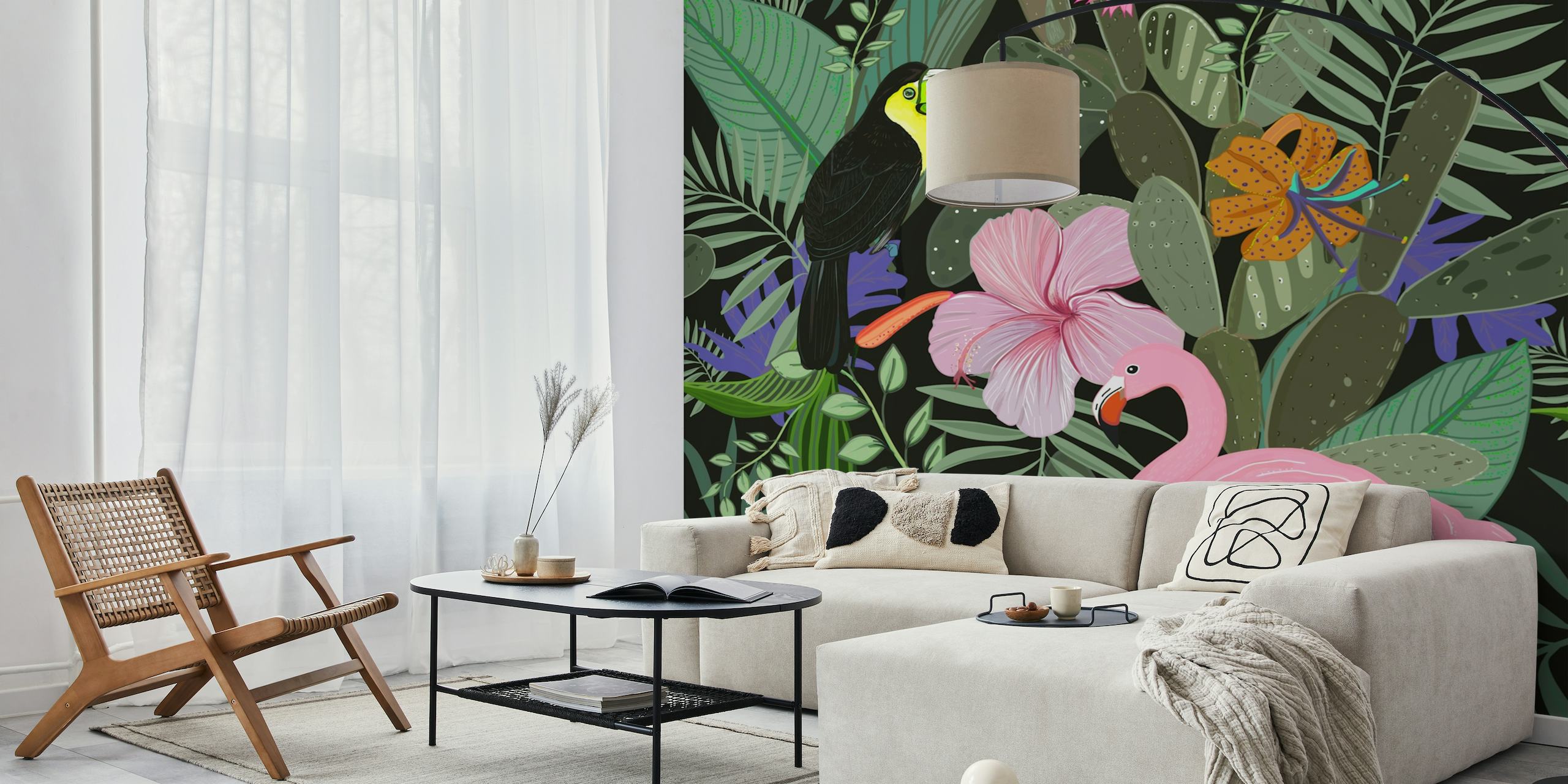 Eksotisk junglemønster vægmaleri med mørk baggrund, med løv, blomster og dyreliv