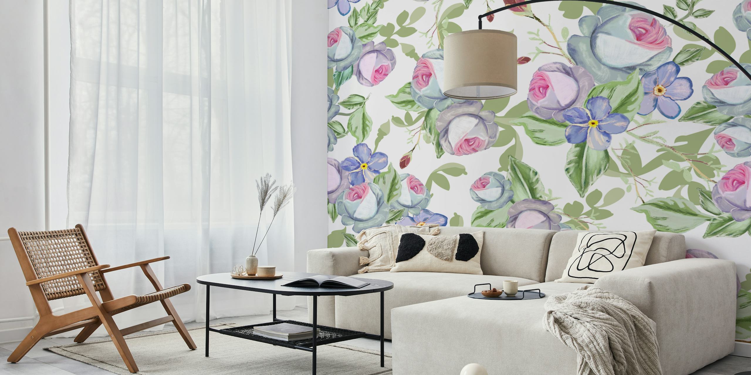 Pastel roses and blue flowers with green leaves wallpaper