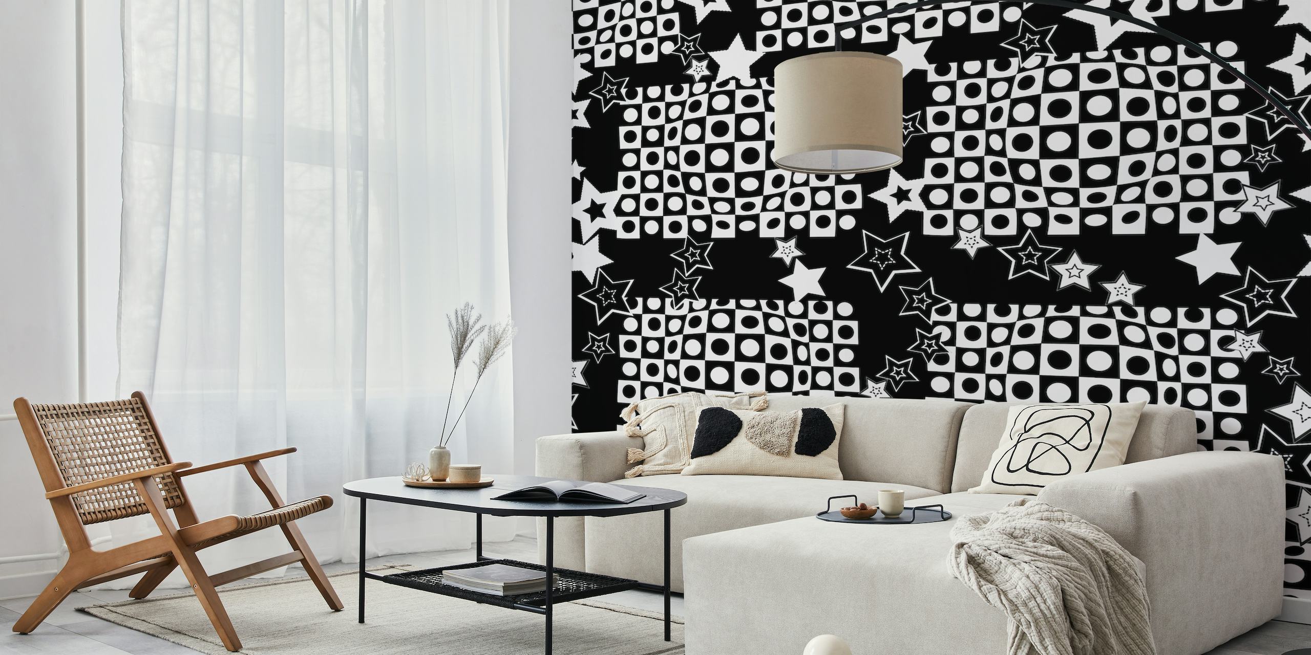 Sort og hvid optisk illusion vægmaleri med stjerner til moderne værelsesindretning