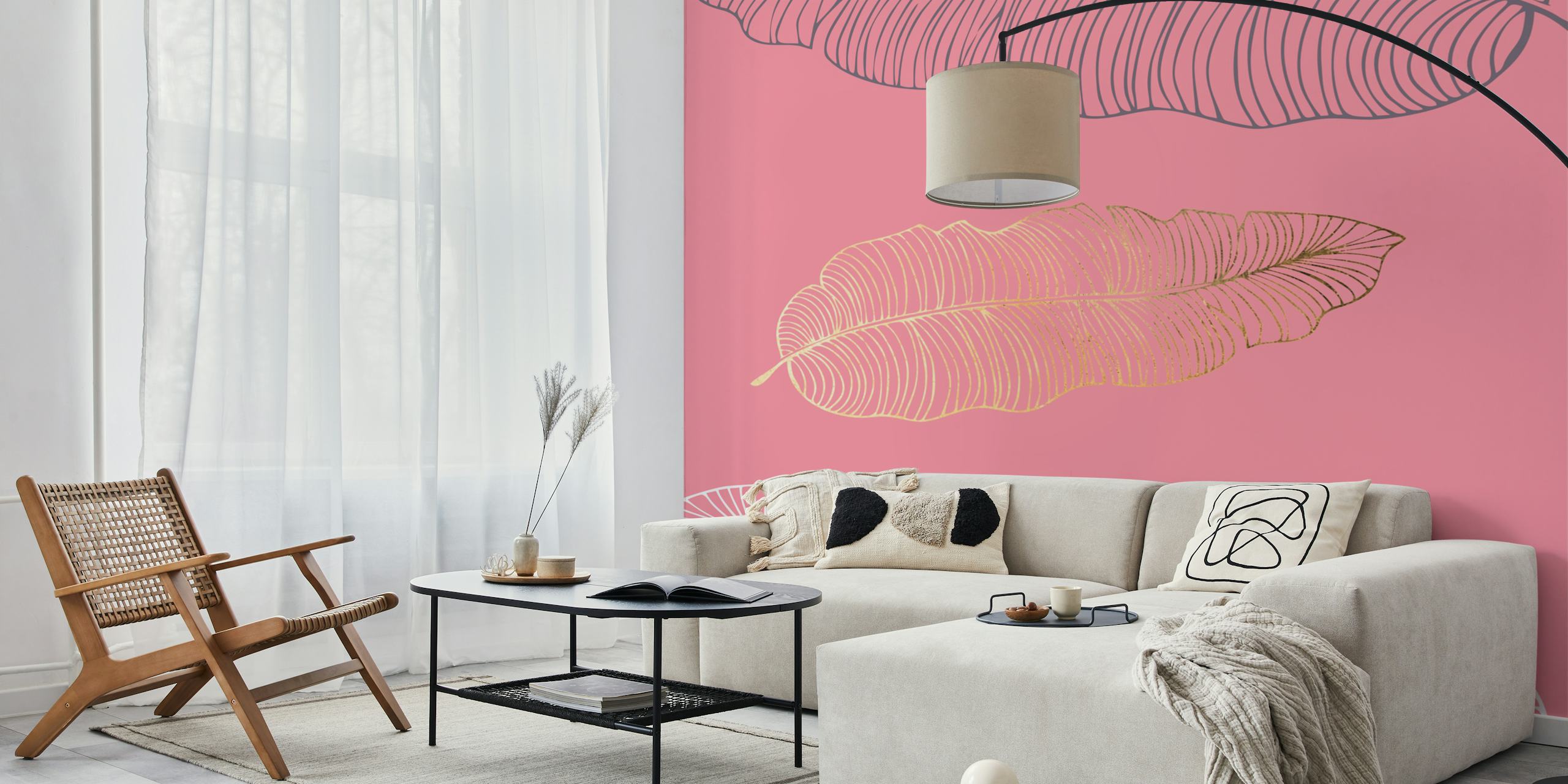 Design elegante de folha de palmeira rosa em um fundo rosa sutil para mural de parede