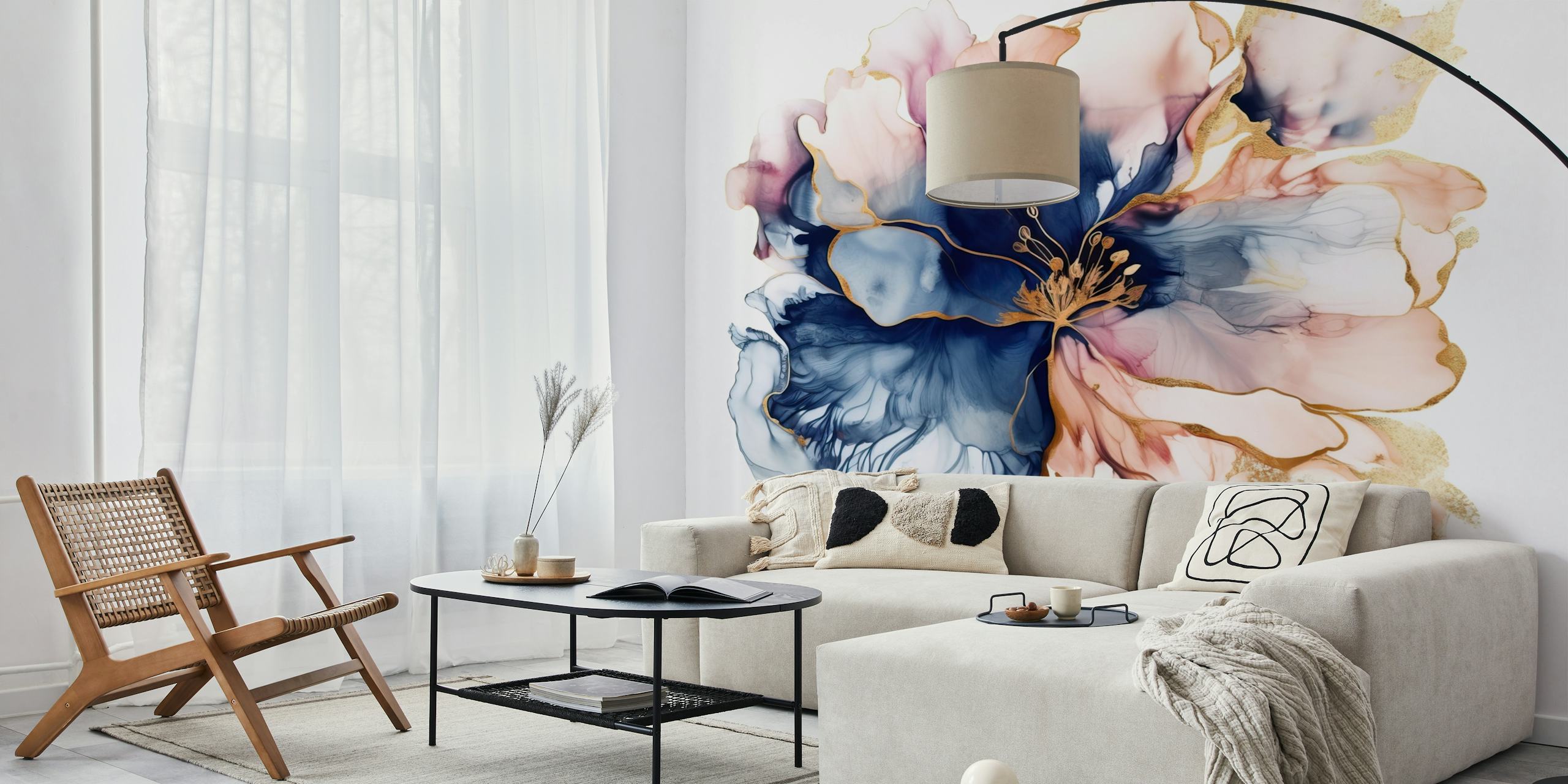 Liquid Flower wall mural with soft blue, pink, and cream hues