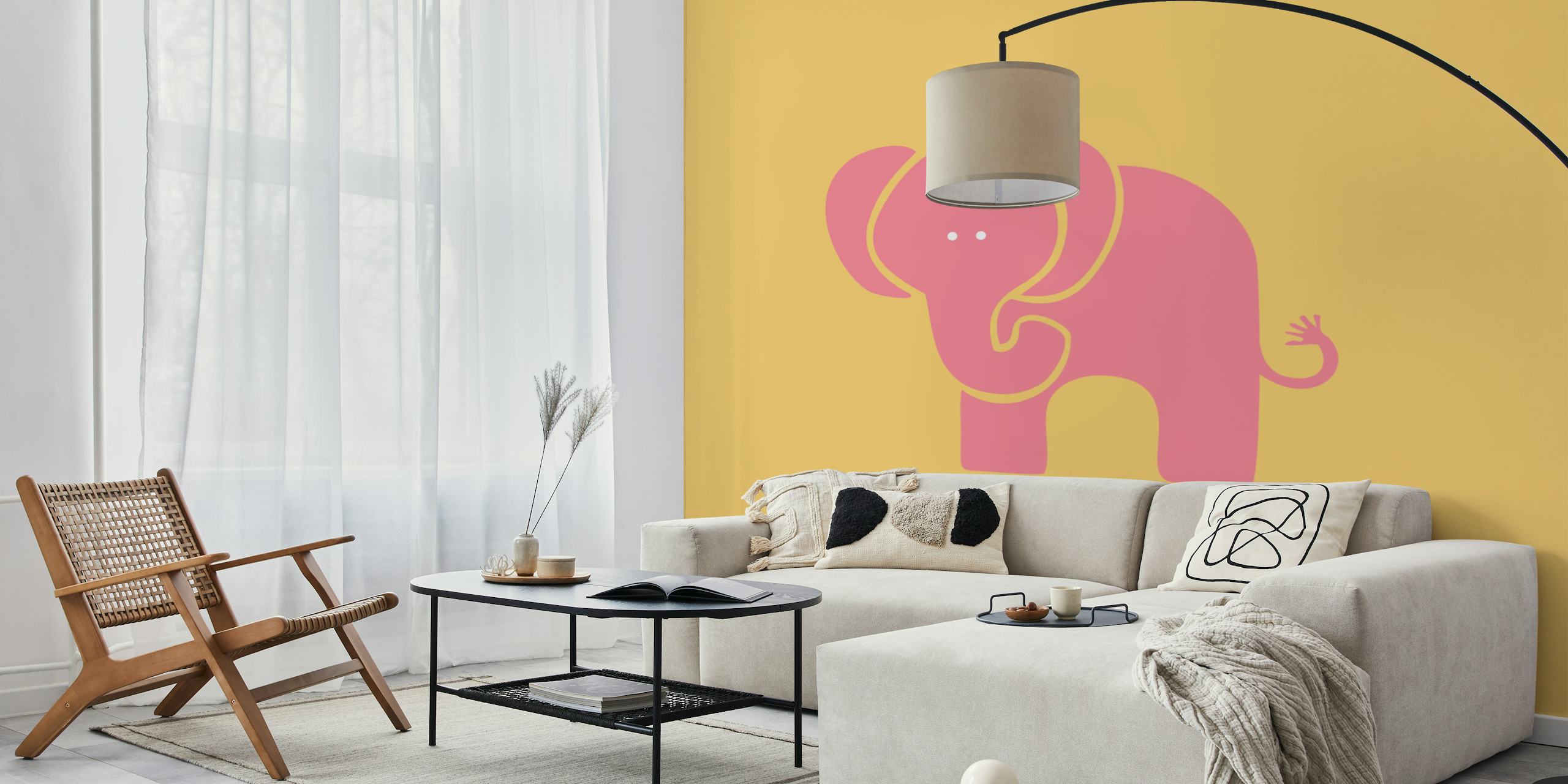 Elefante amarelo açafrão estilizado em um fotomural vinílico de parede rosa