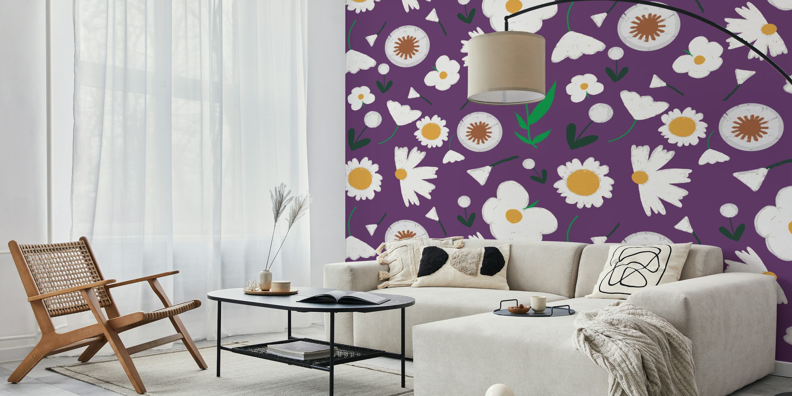 Fotomural morado de caléndula y diente de león con flores blancas sobre fondo morado intenso