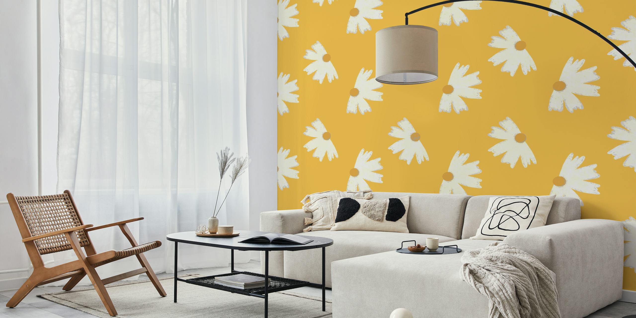 Ringblomma gul bakgrund med vita daisy mönster väggmålning