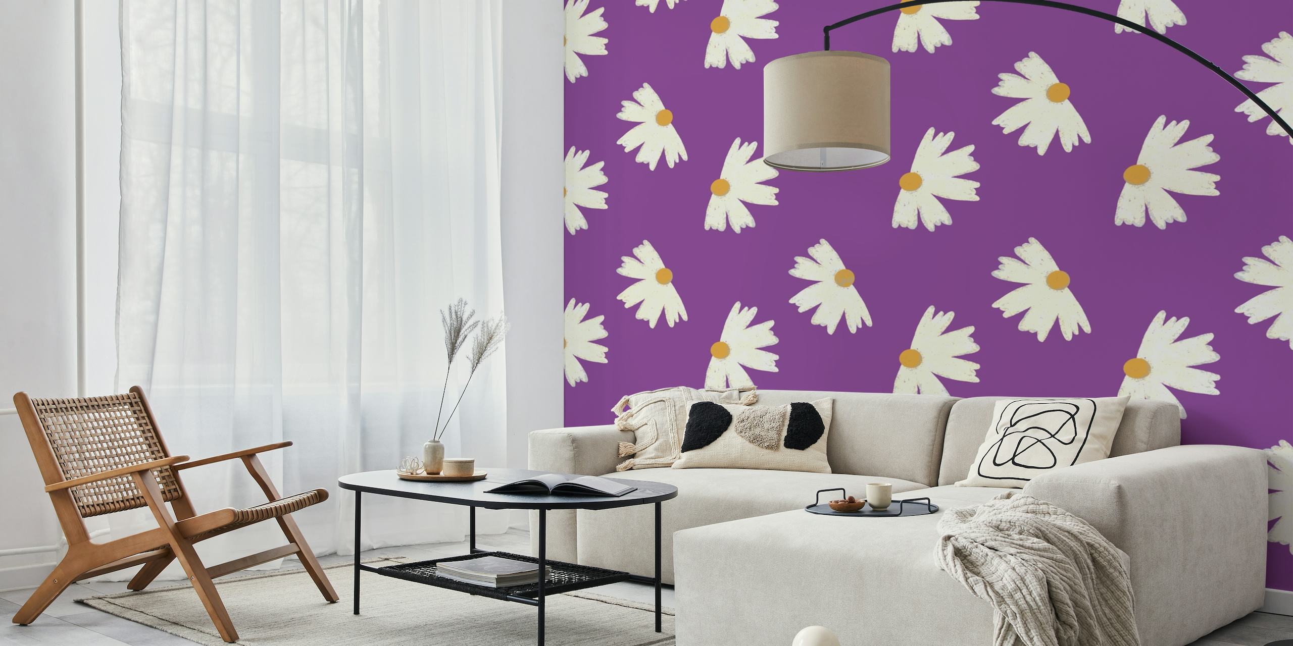 White and yellow marigold flowers on a purple background wall mural