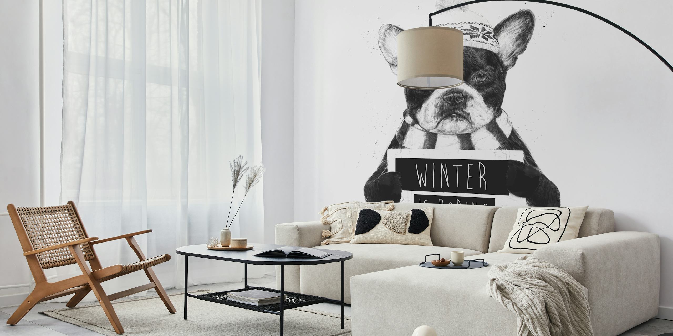 Funny French bulldog in winter hat and scarf with Winter is Boring text wall mural