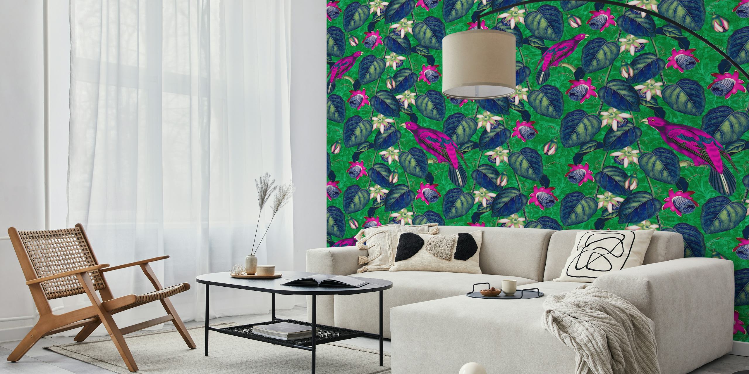 Tropical floral wallpaper with magenta and navy flowers on green background