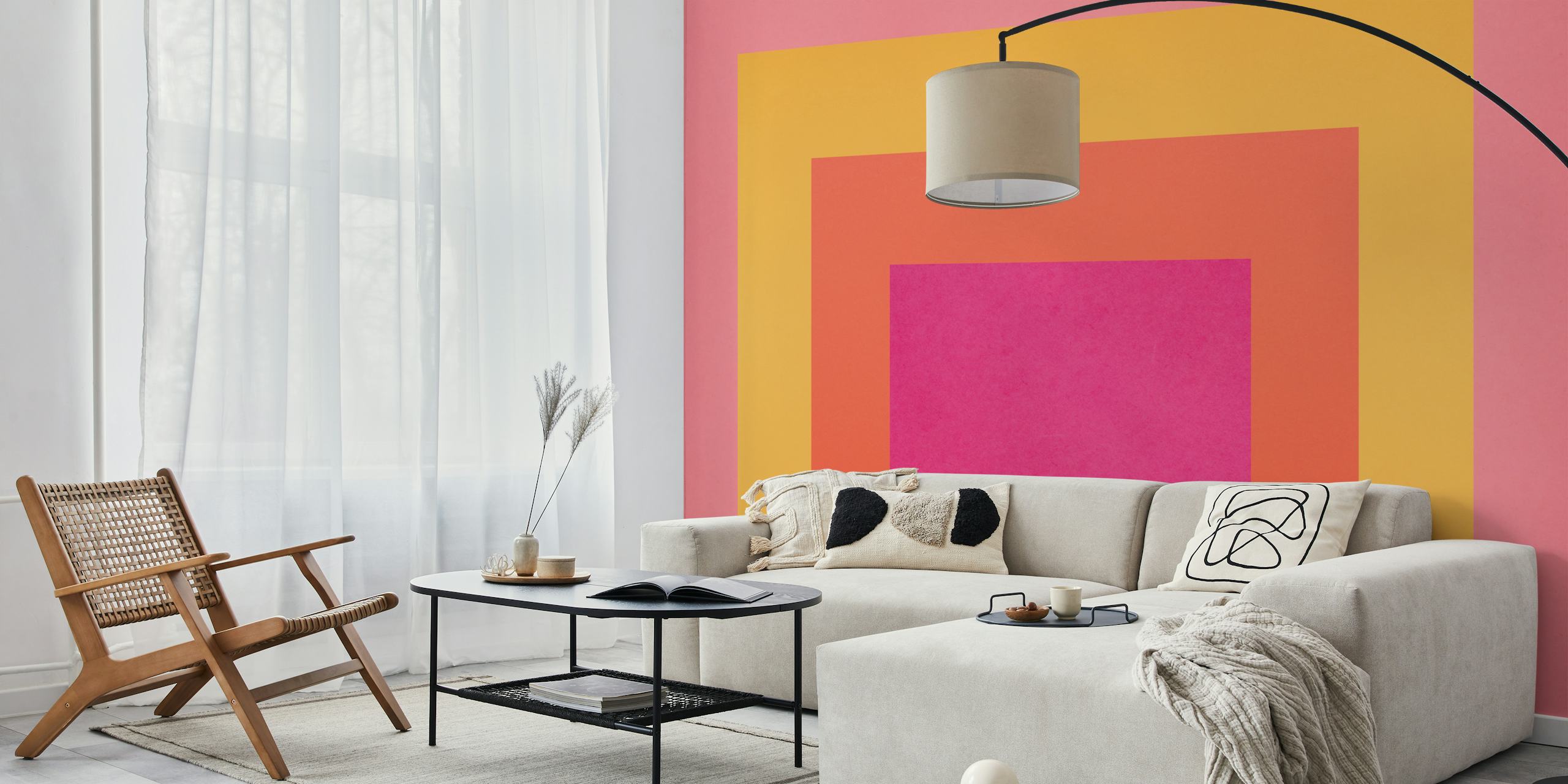 Conceptual collage of nested squares with gradient hues of coral and fuchsia on a wall mural