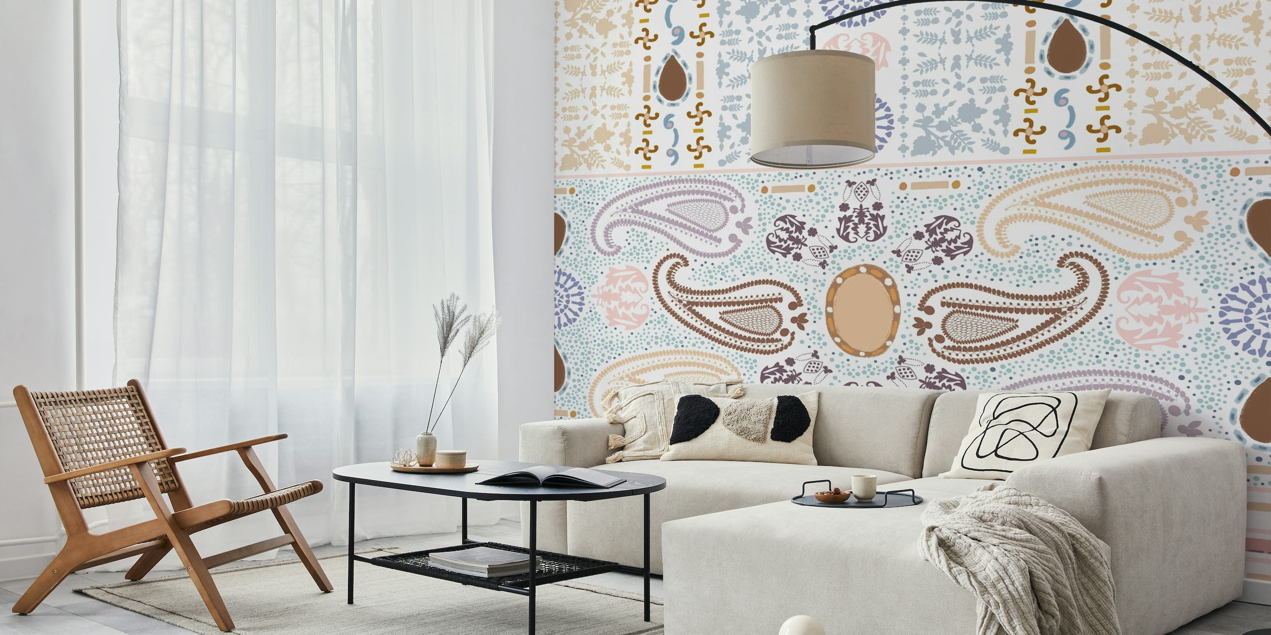 Dekorativt dekorativ border veggmaleri med pastelltoner og vintage mønstre