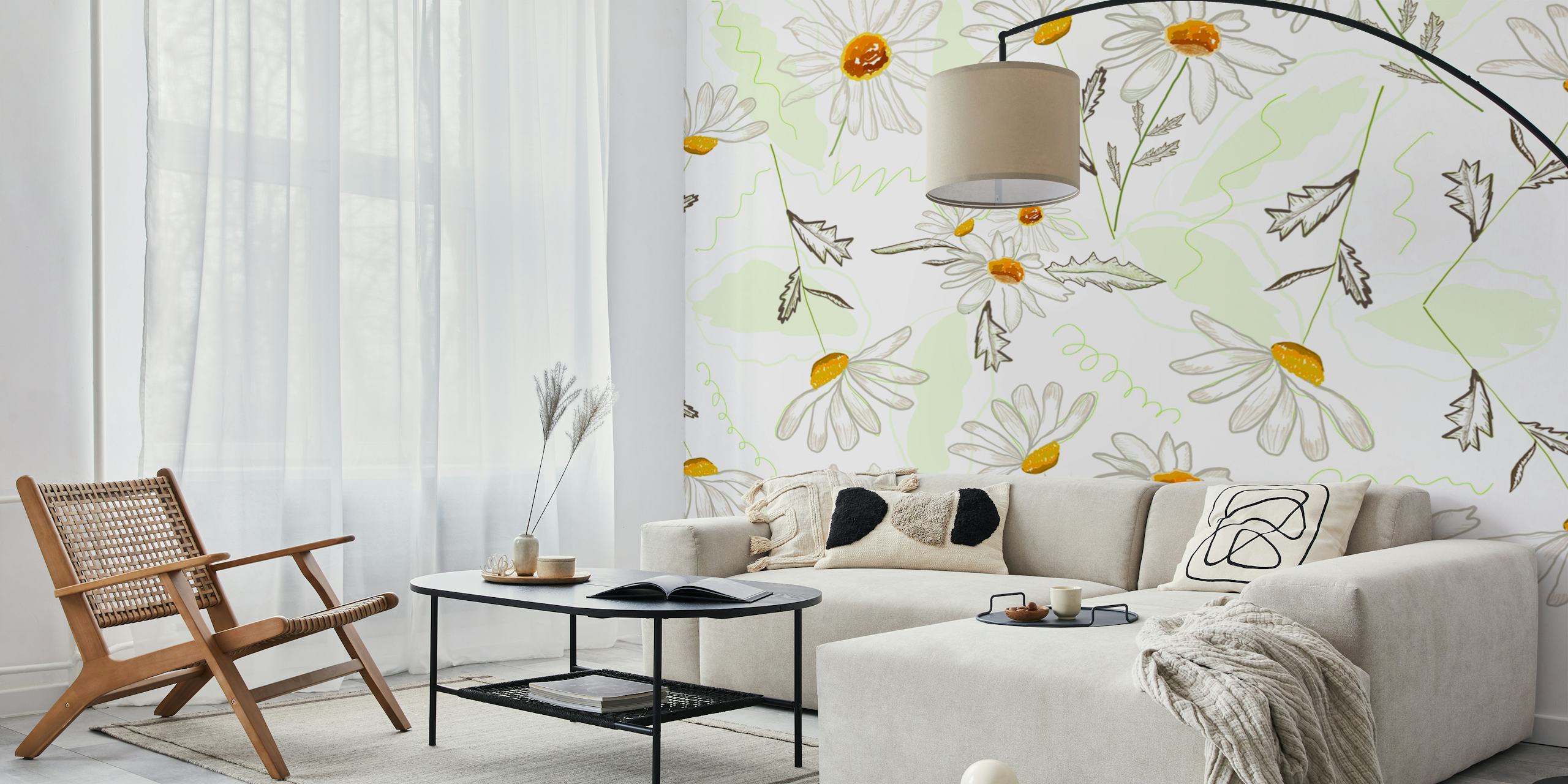 White daisies with yellow centers and green accents wallpaper