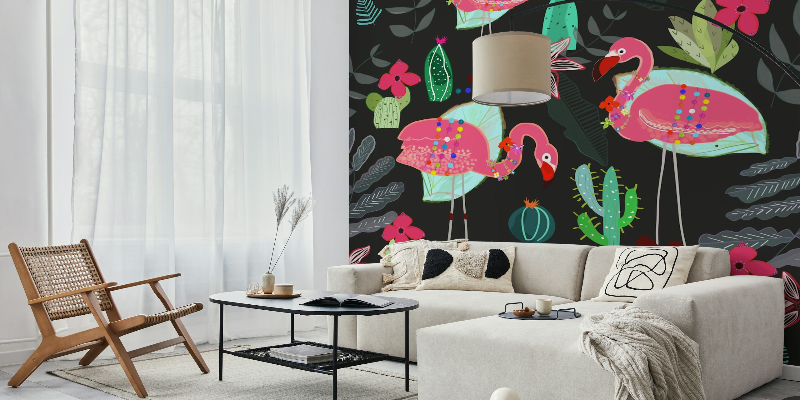 Pink flamingos and green cacti on a dark background wallpaper