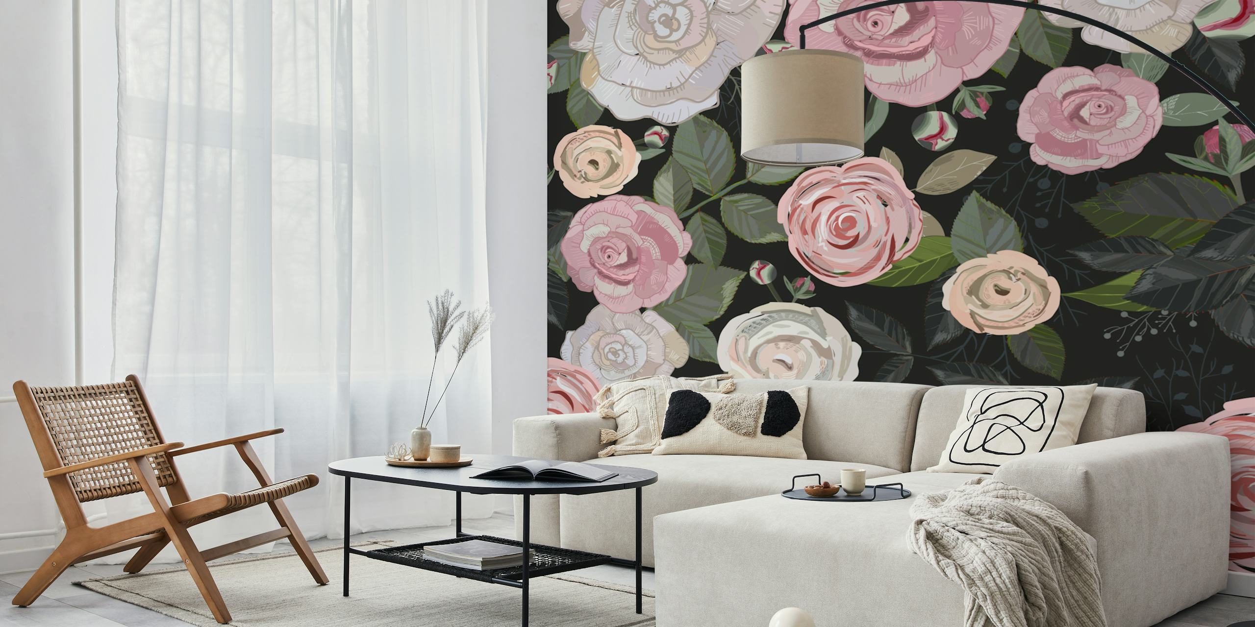 Peony and roses black Tapete in einem Raum