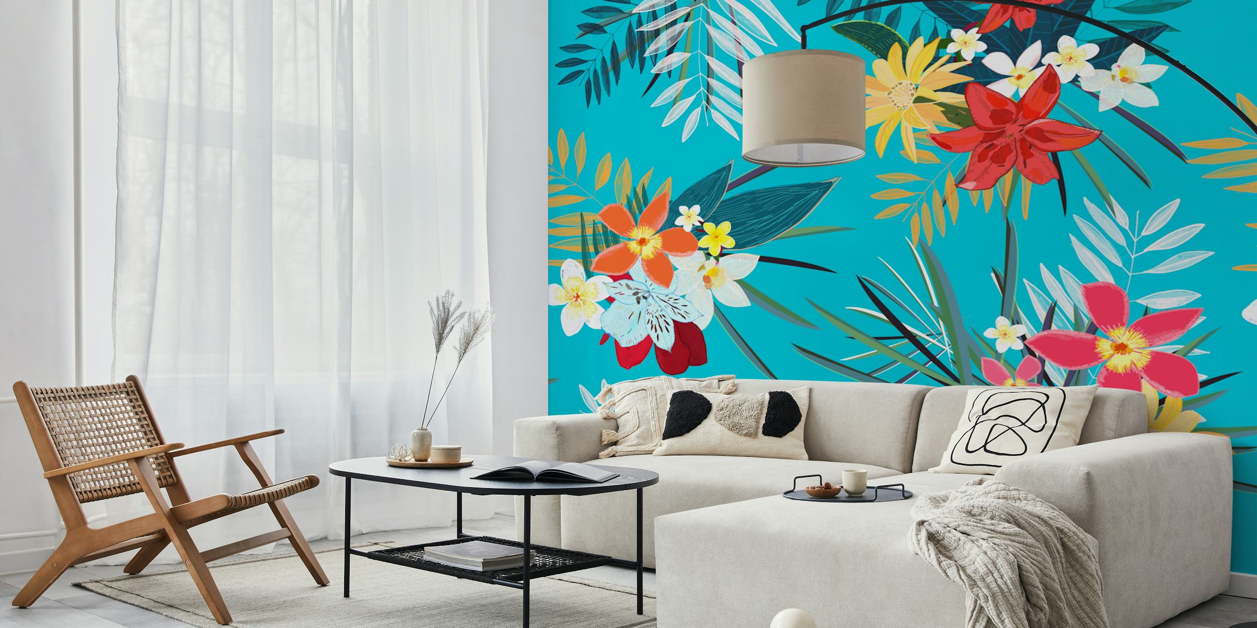 Vibrant wall mural with frangipani, lily flowers, and palm leaves on a blue background