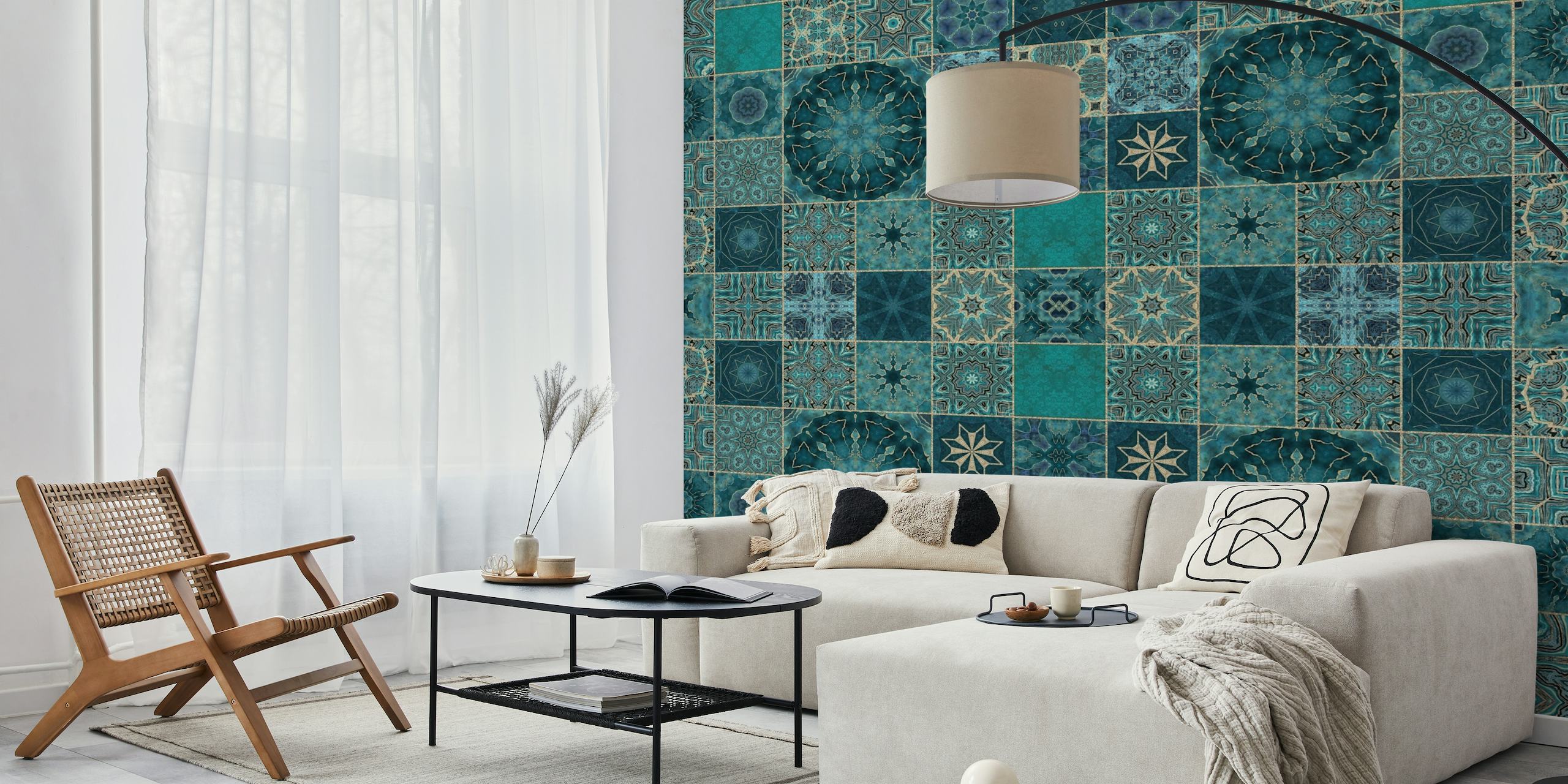 Mediterranean style wall mural with teal and gold patterns