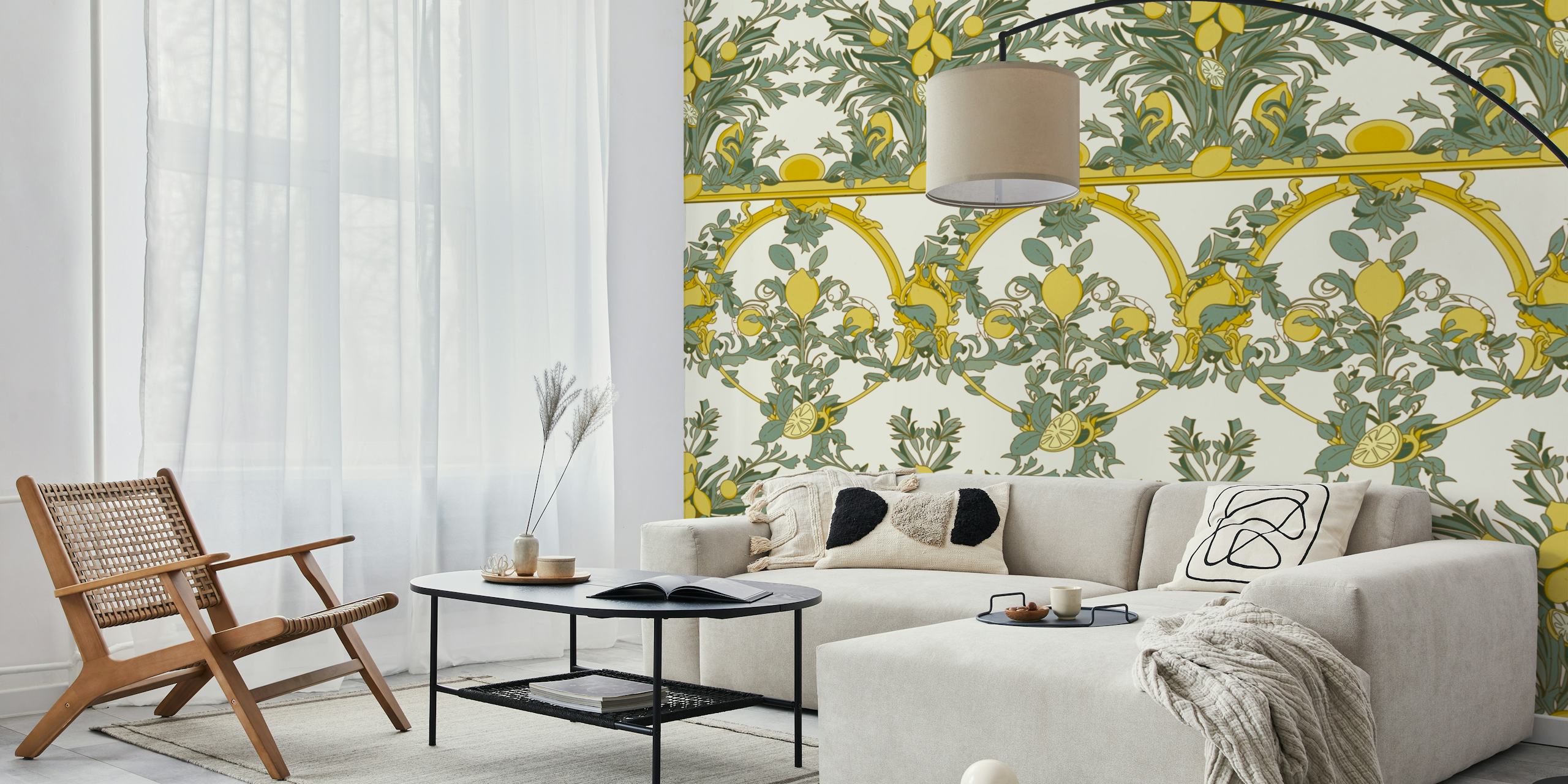 Floral lemon pattern in green and yellow on cream wallpaper