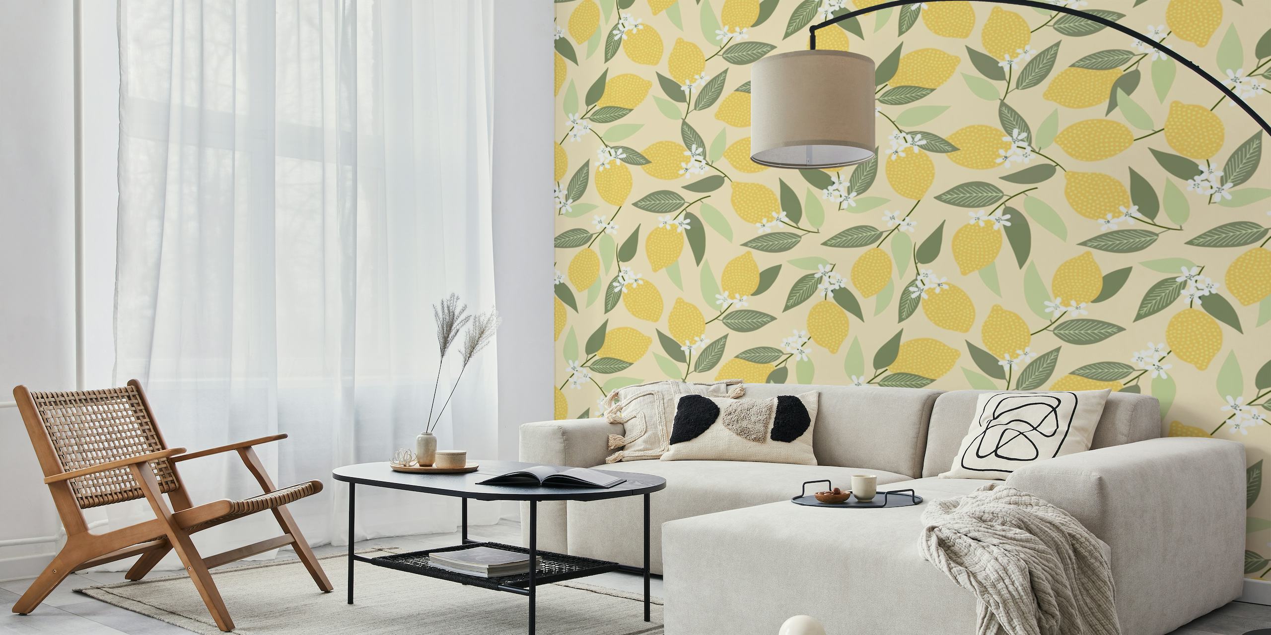 Fotomural vinílico de parede com padrão de limão e folhas para decoração de ambiente fresco
