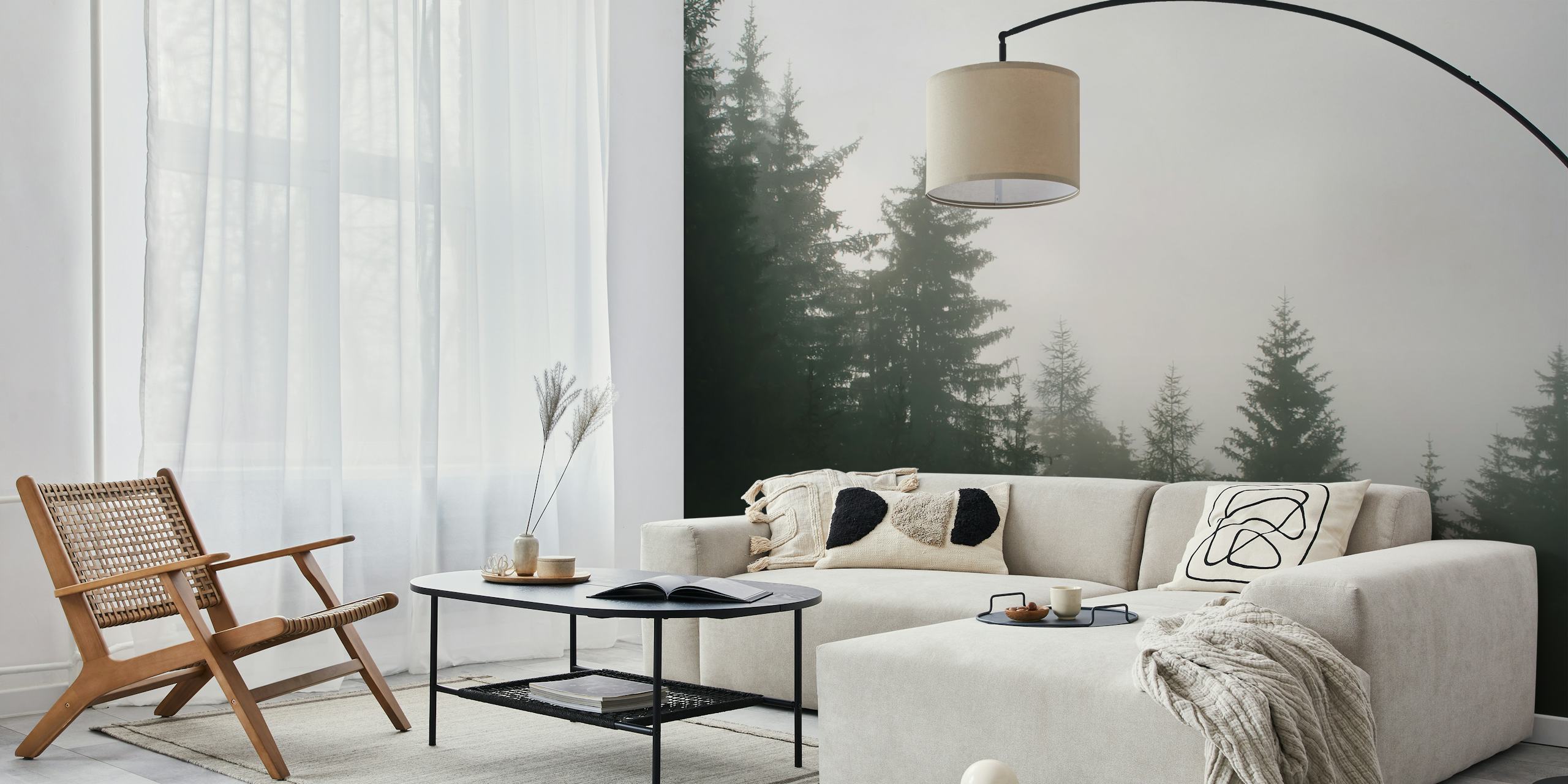 Dark fog enshrouded forest wall mural with tree silhouettes